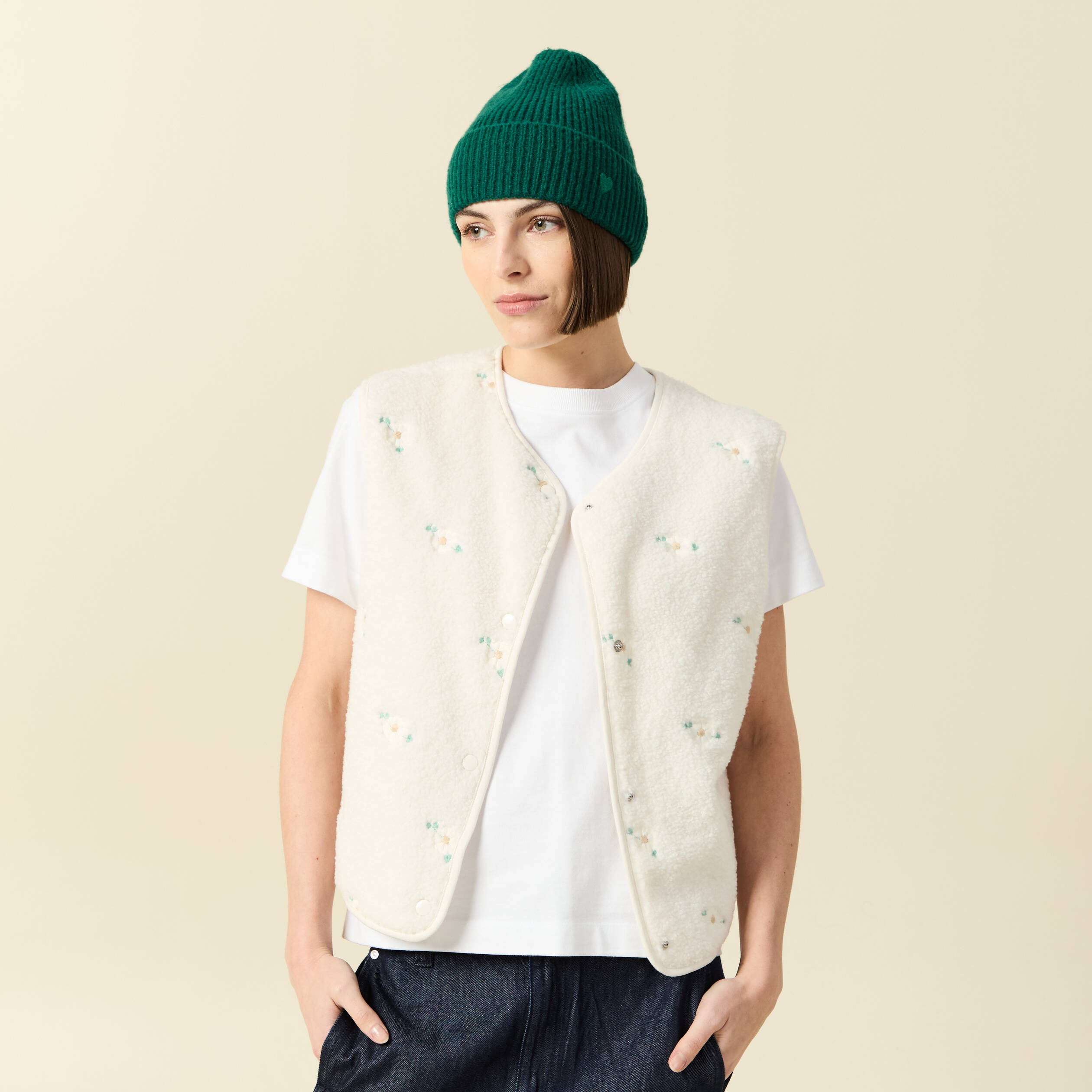 Gilet sherpa sans manches col rond ecru femme