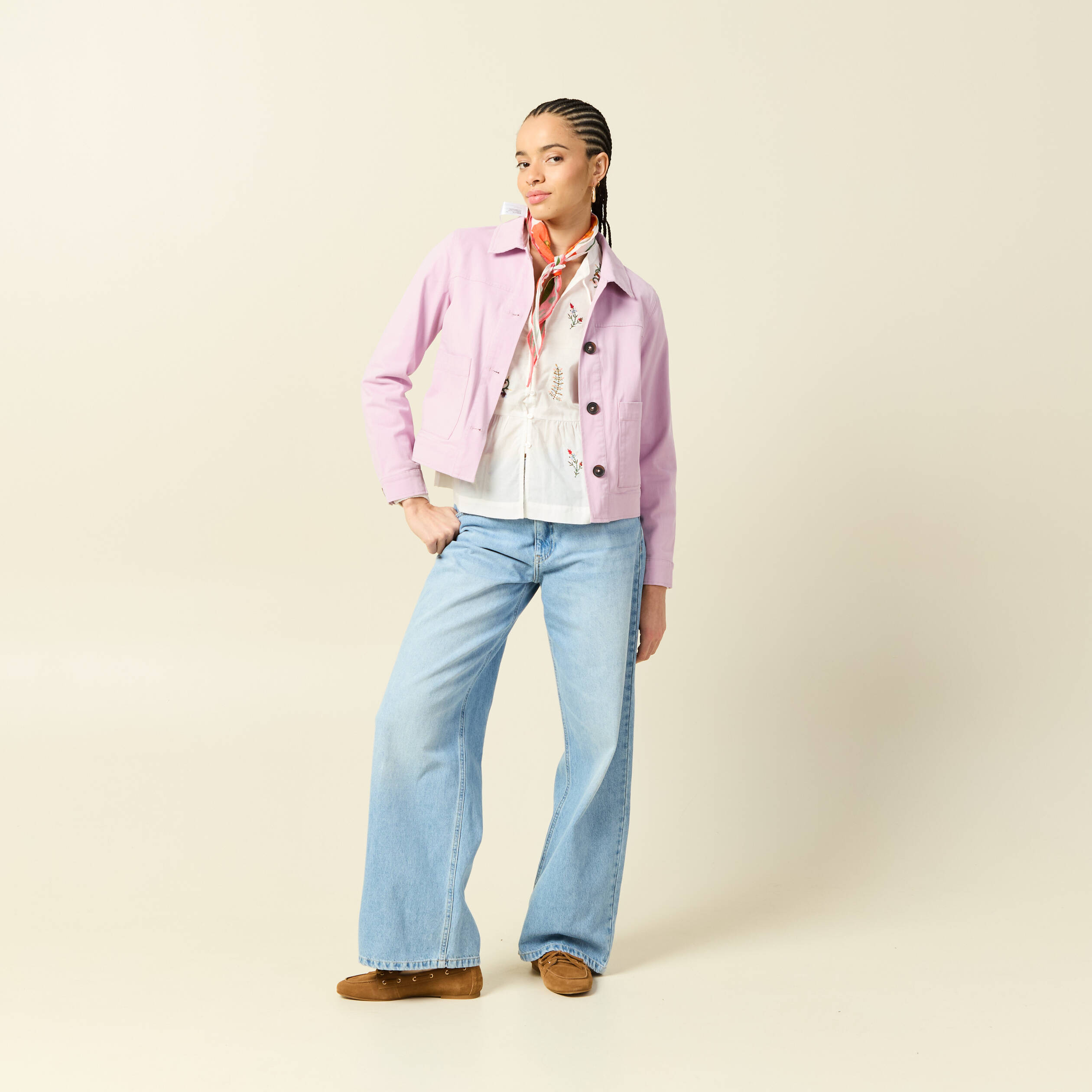 Chemise brod&eacute;e en coton manches longues ecru femme
