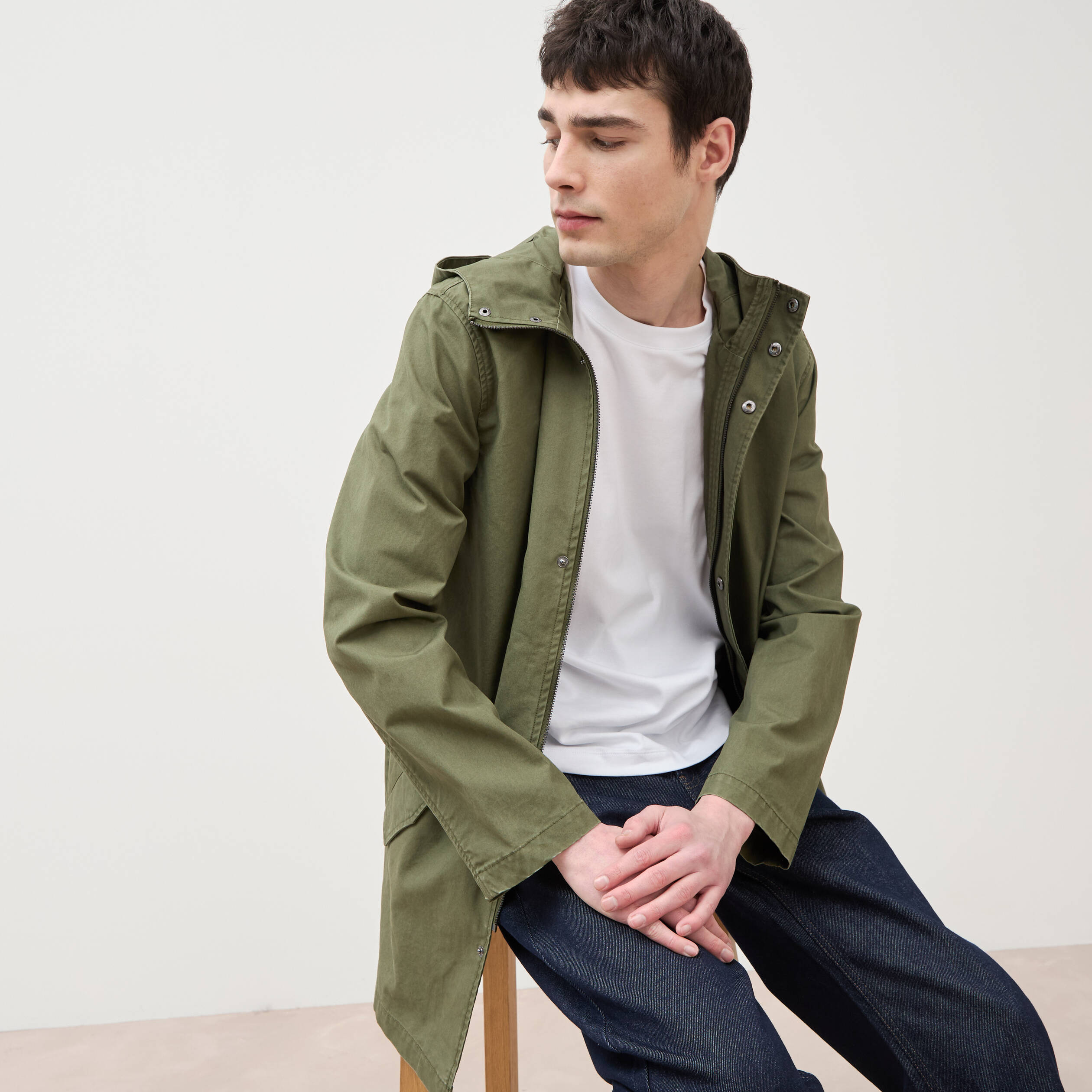 Parka droite mi-longue &agrave; capuche vert kaki homme