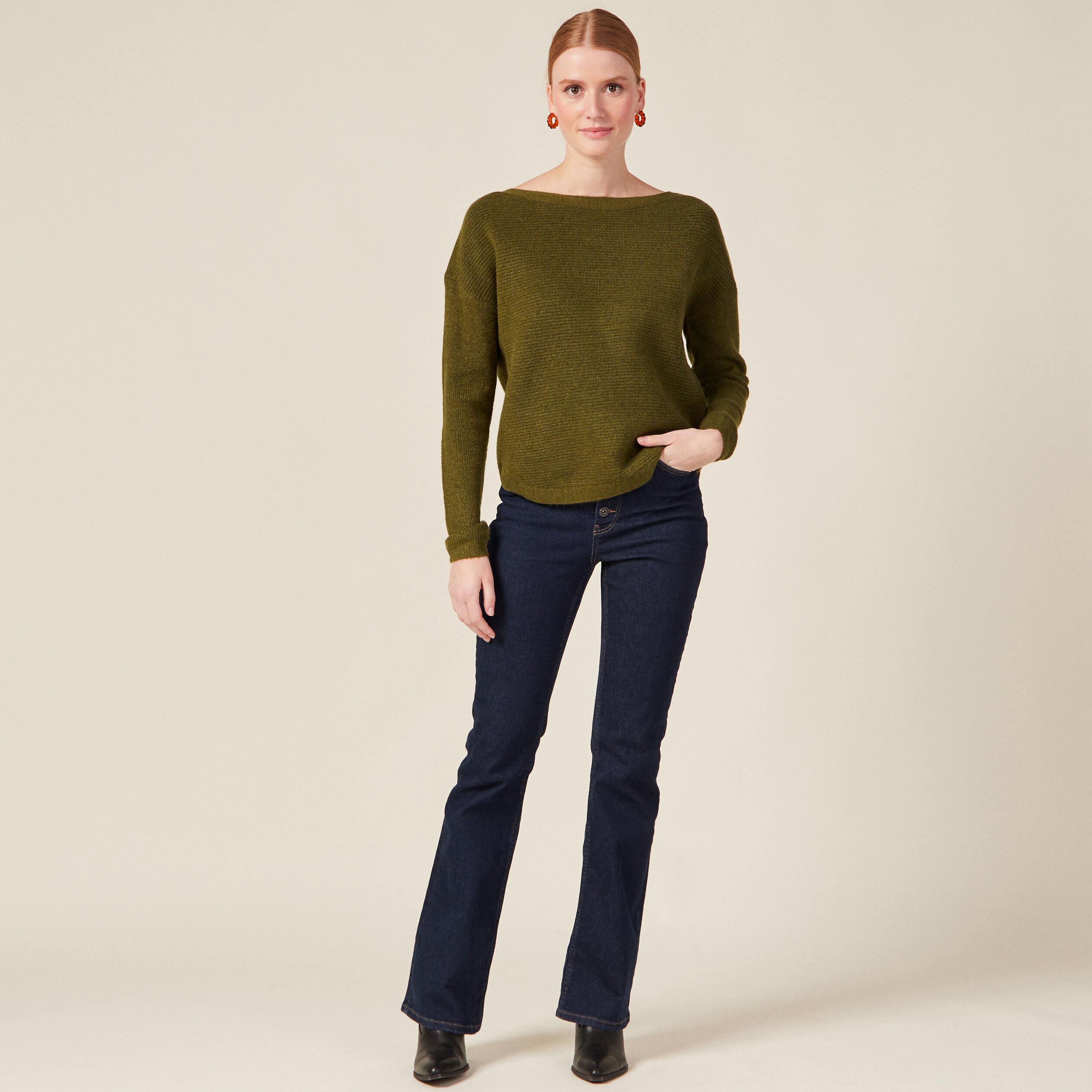 Pull manches longues vert kaki femme