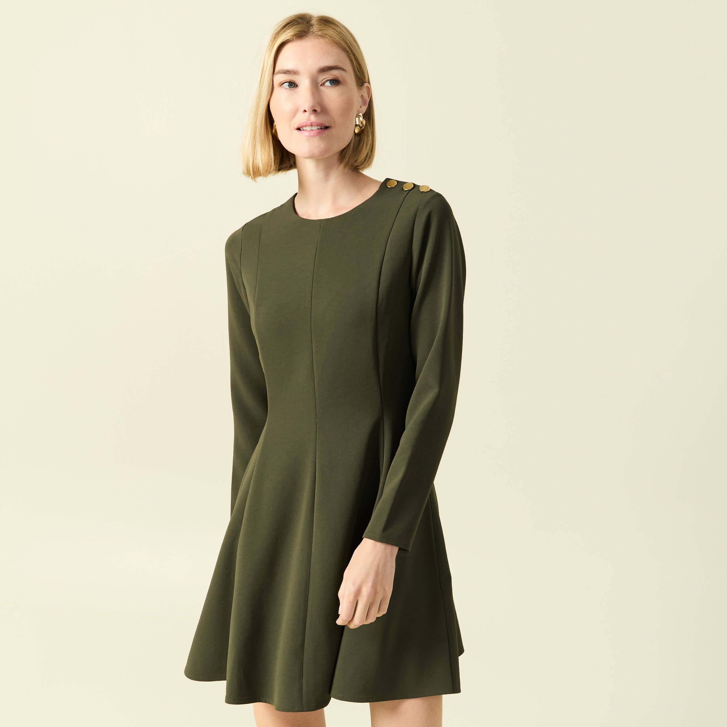 Robe fluide manches longues col rond vert kaki femme