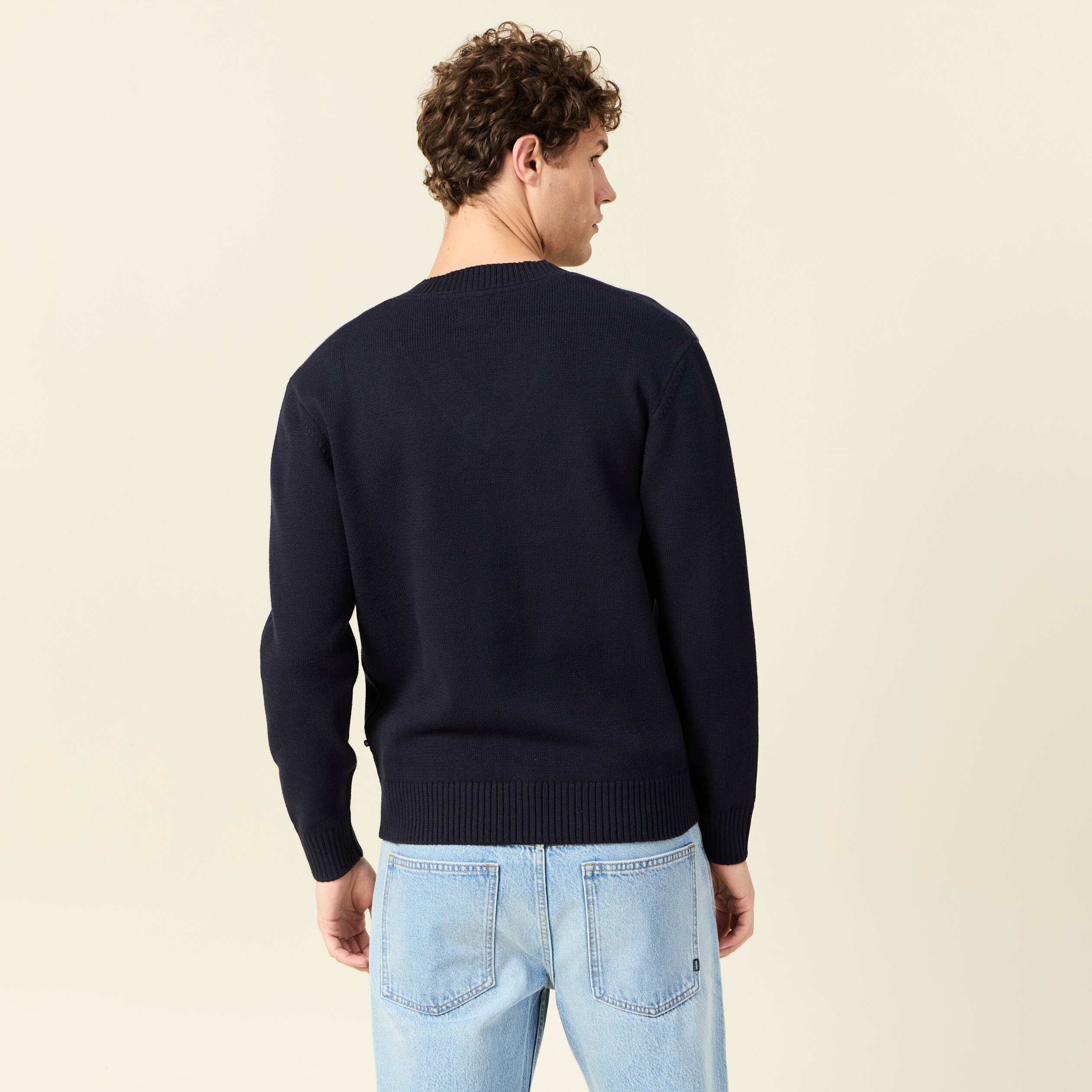 Pull fin col v manches longues bleu marine homme