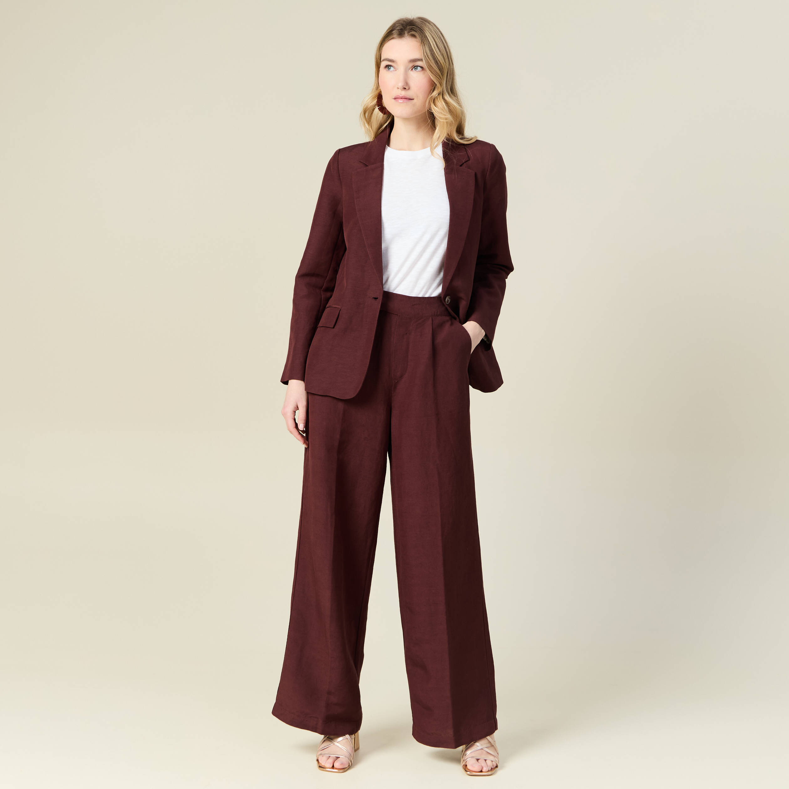 Pantalon large fluide bordeaux femme