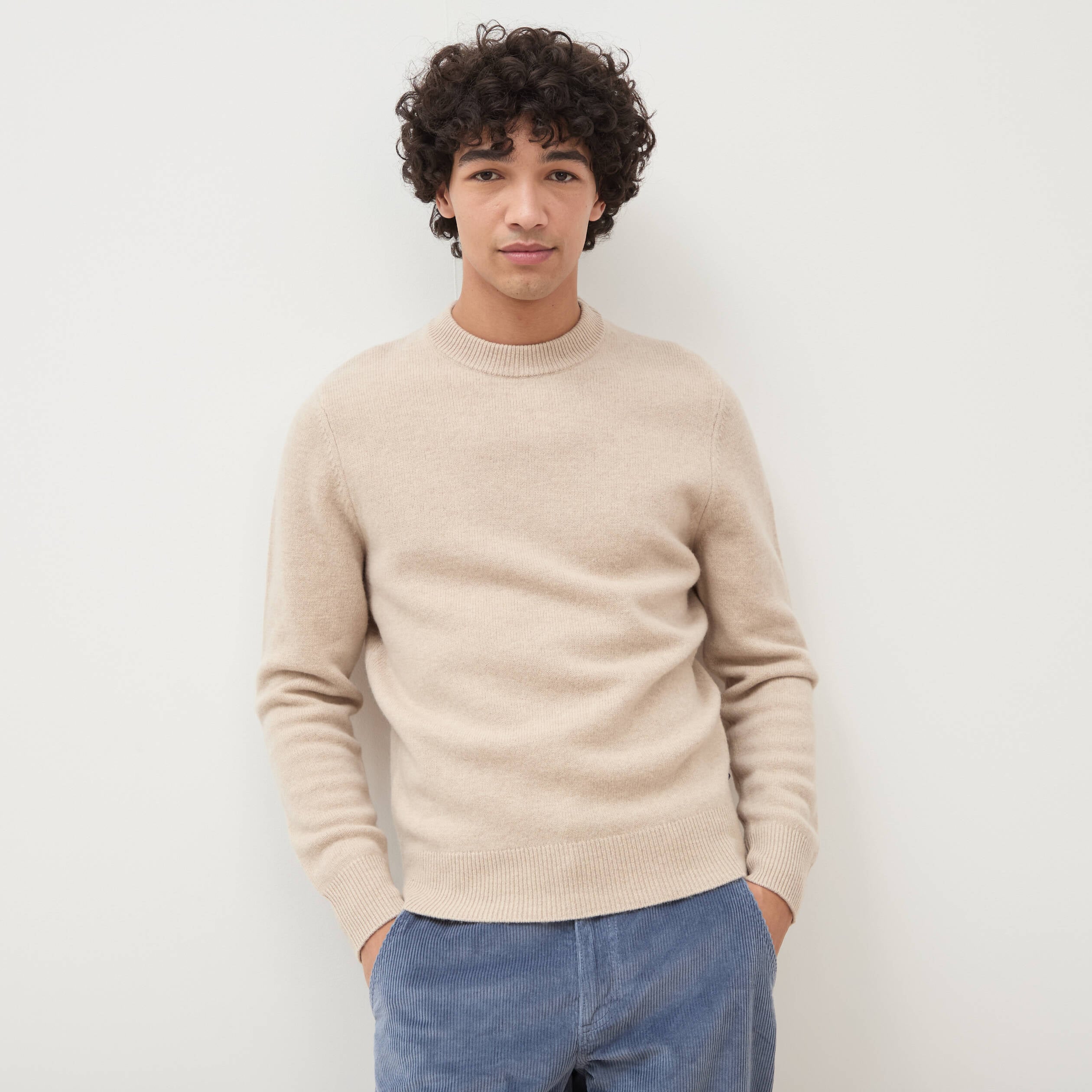 Pull droit col rond manches longues sable homme