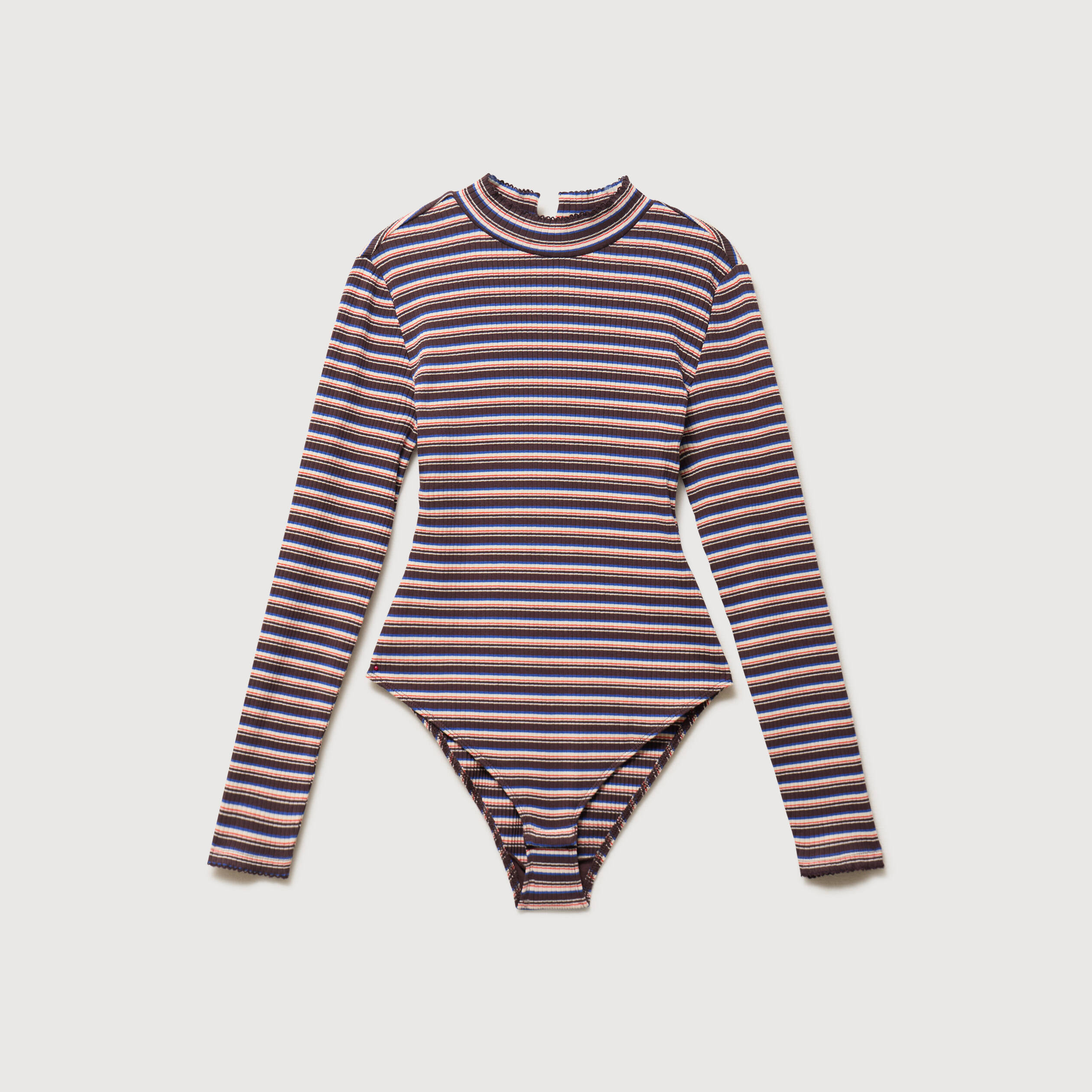 Body ray&eacute; col montant manches longues marron femme