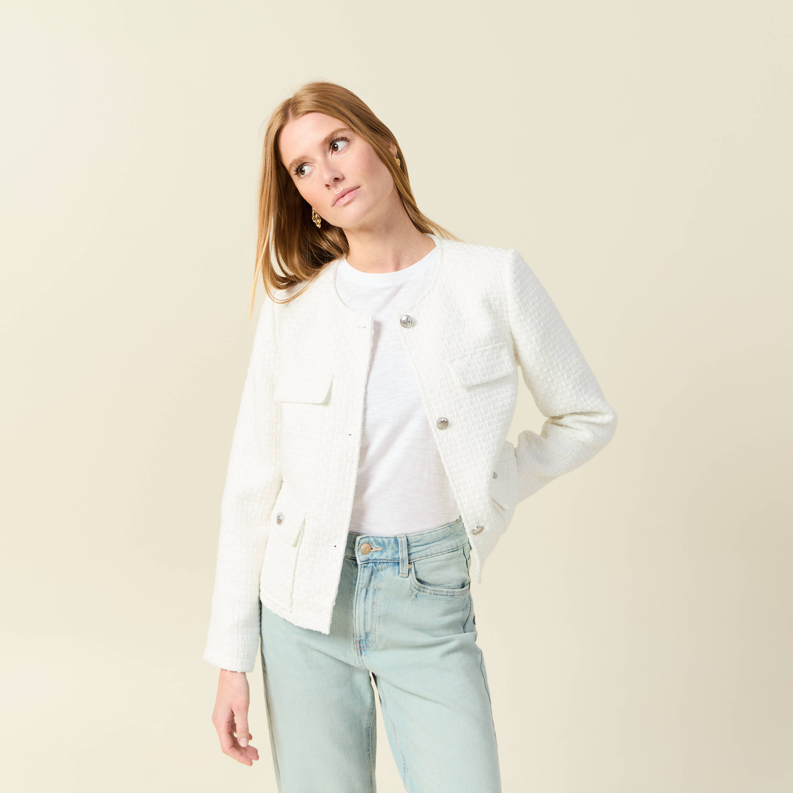 Veste tweed manches longues doublée ecru femme Vibs - Main Image