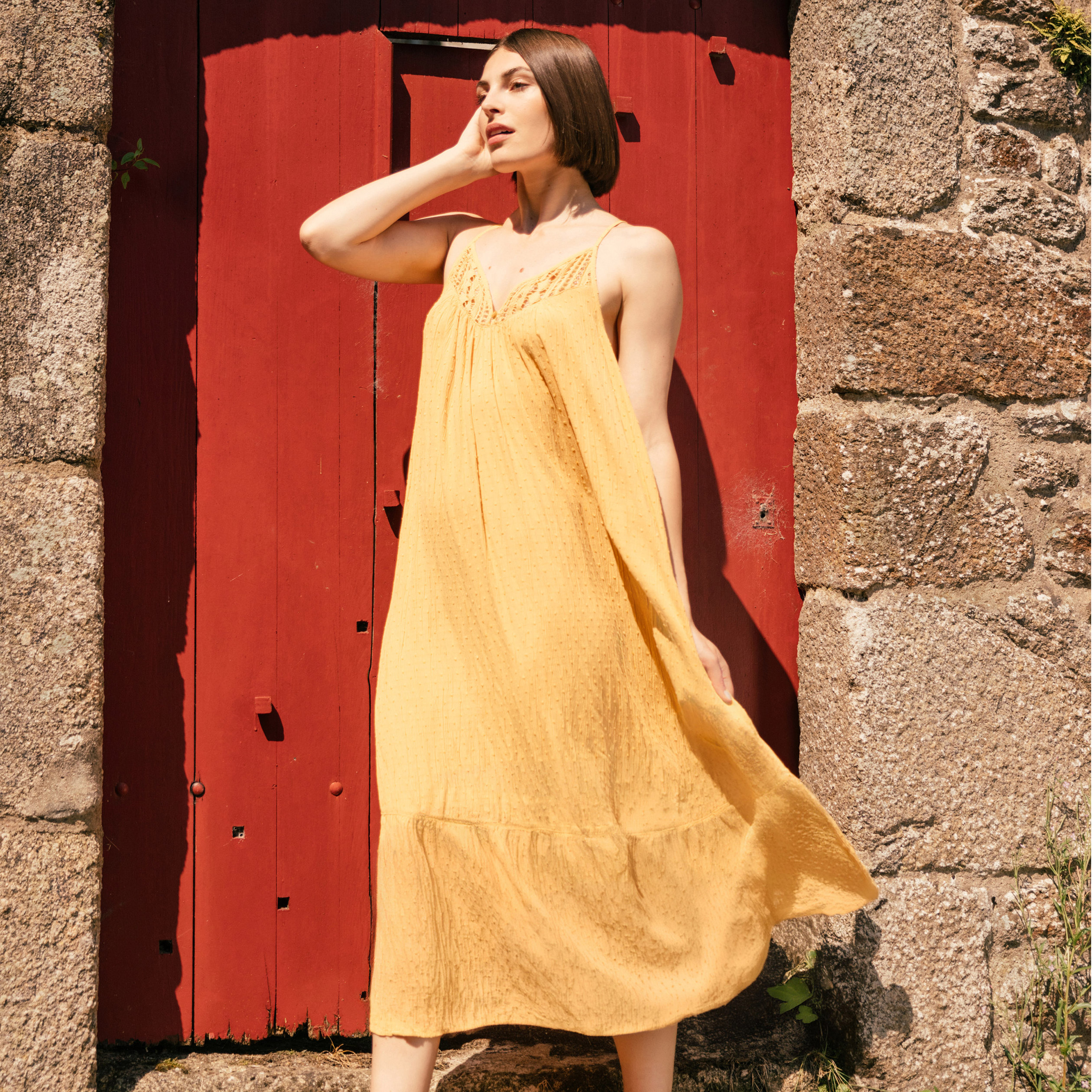 Robe longue evasee fluide jaune femme Vibs