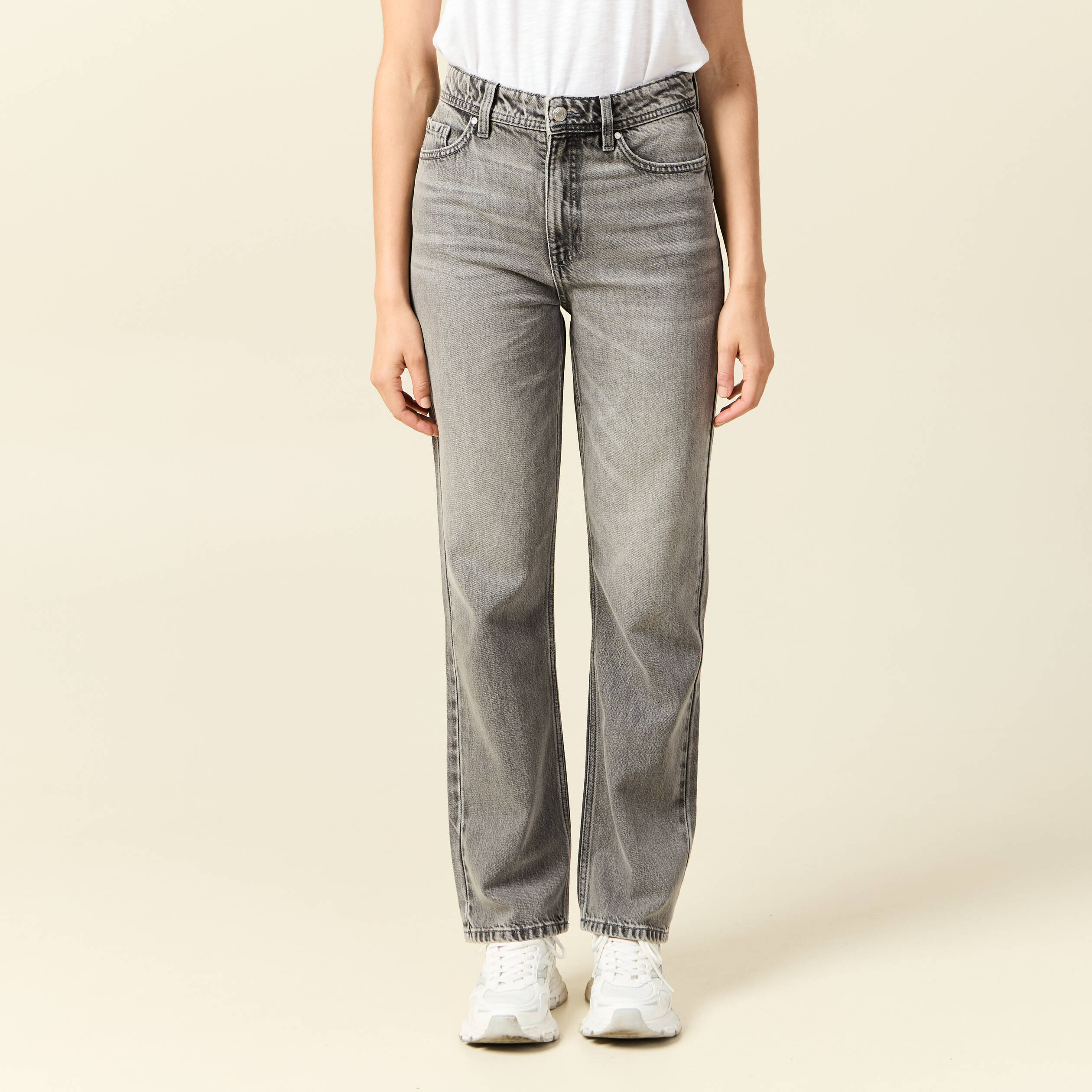 Jeans straight taille haute 7/8&egrave;me denim gris clair femme