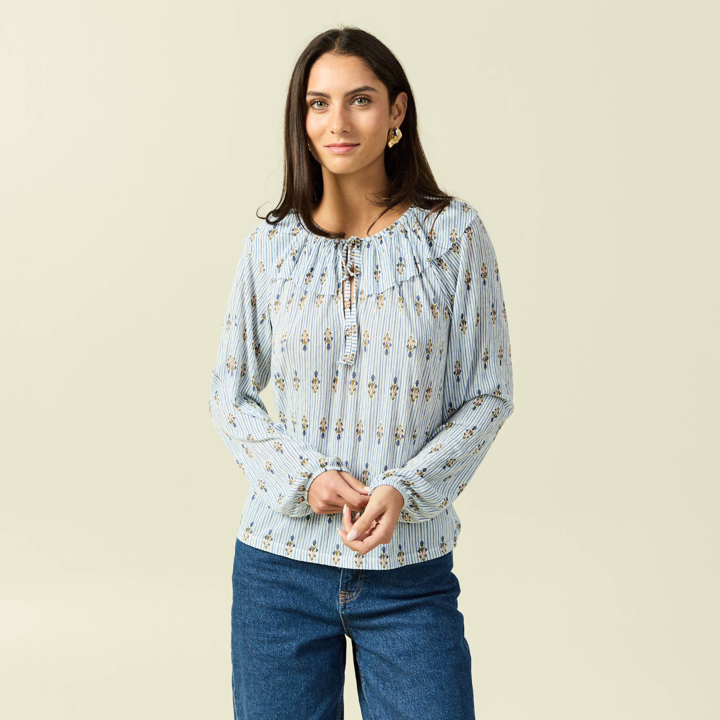 Blouse col rond manches longues bleu ciel femme