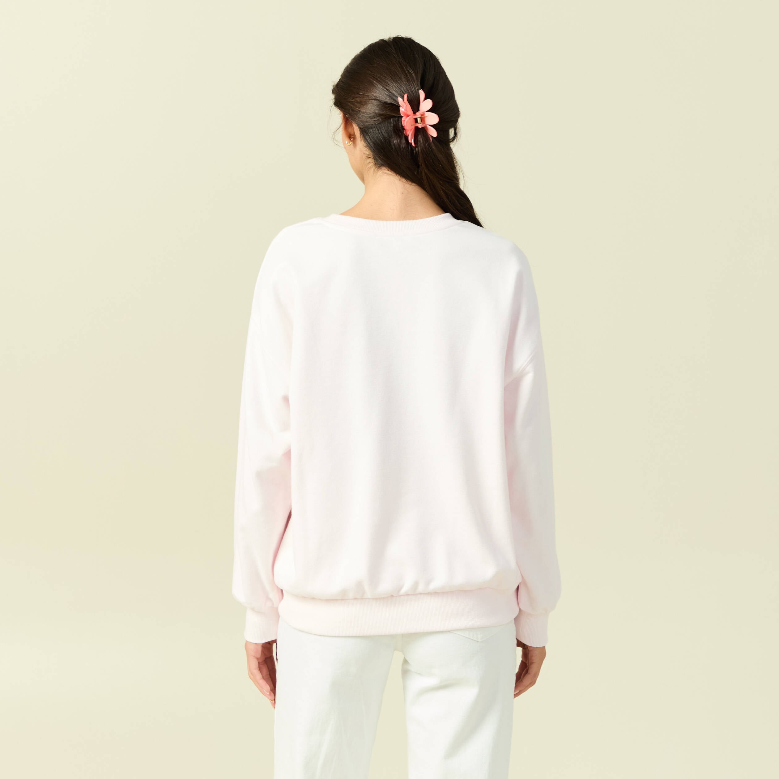 Sweat oversize manches longues brod&eacute; rose poudr&eacute;e femme