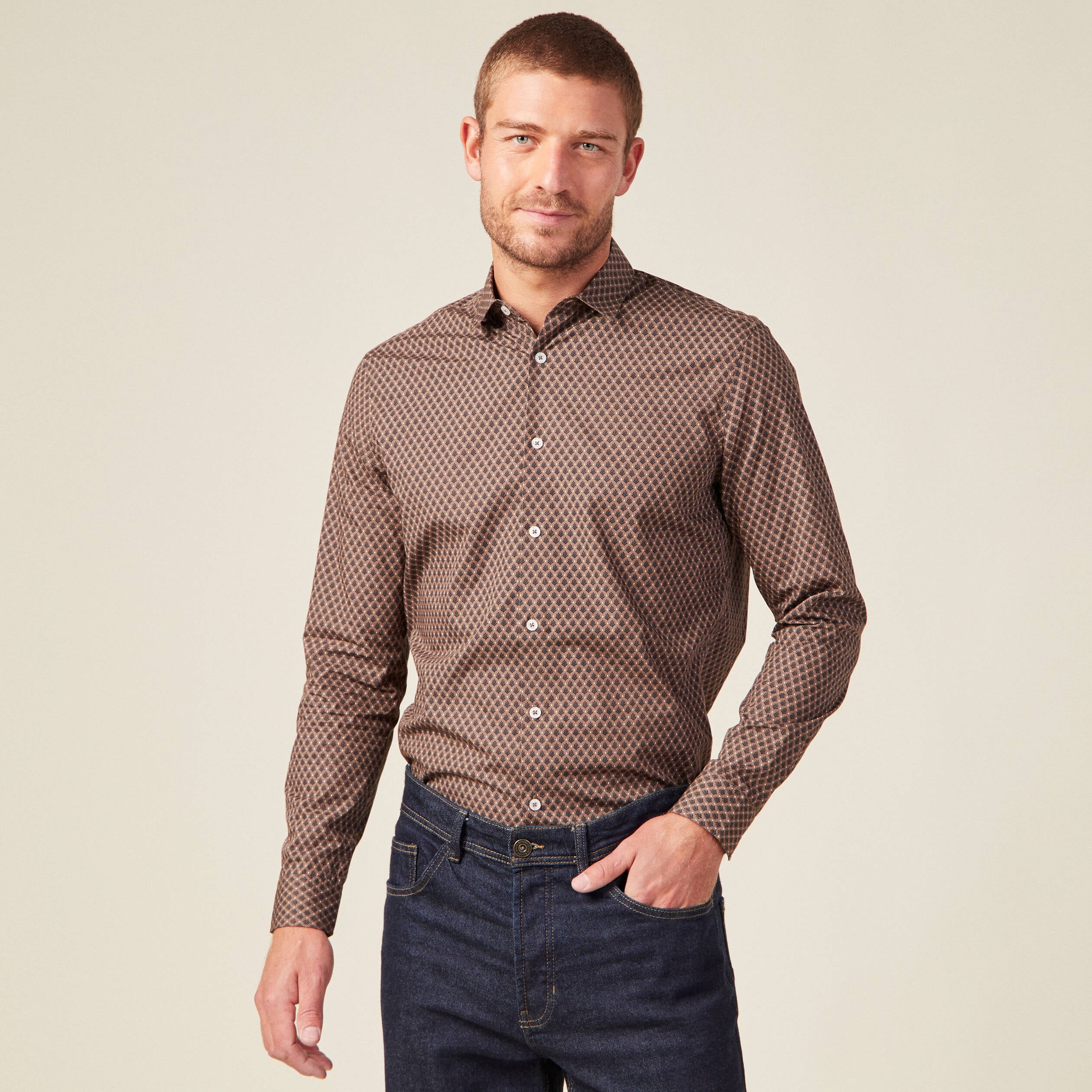 Chemise en coton manches longues marron homme