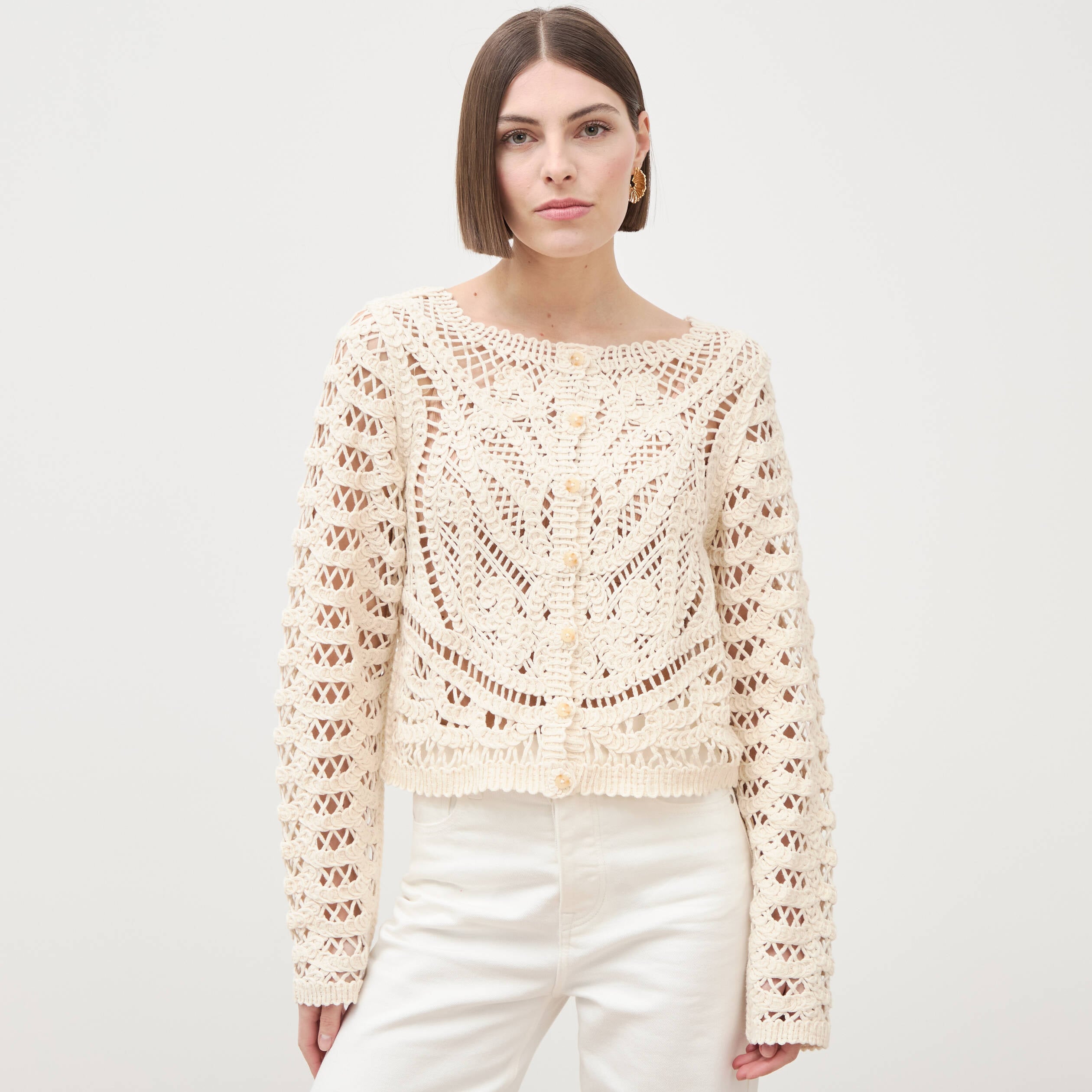 Cardigan droit court manches longues ecru femme