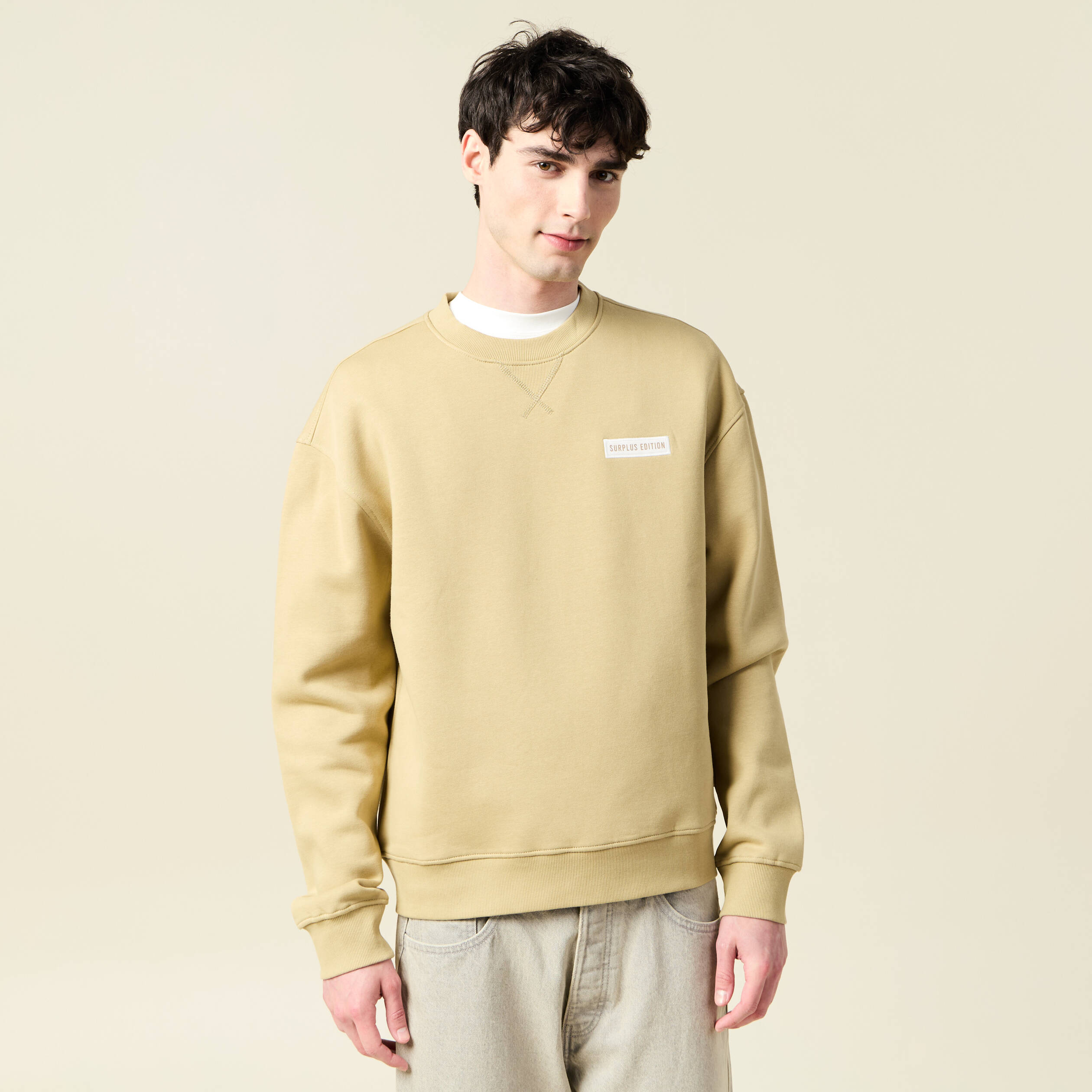 Sweat col rond manches longues beige homme