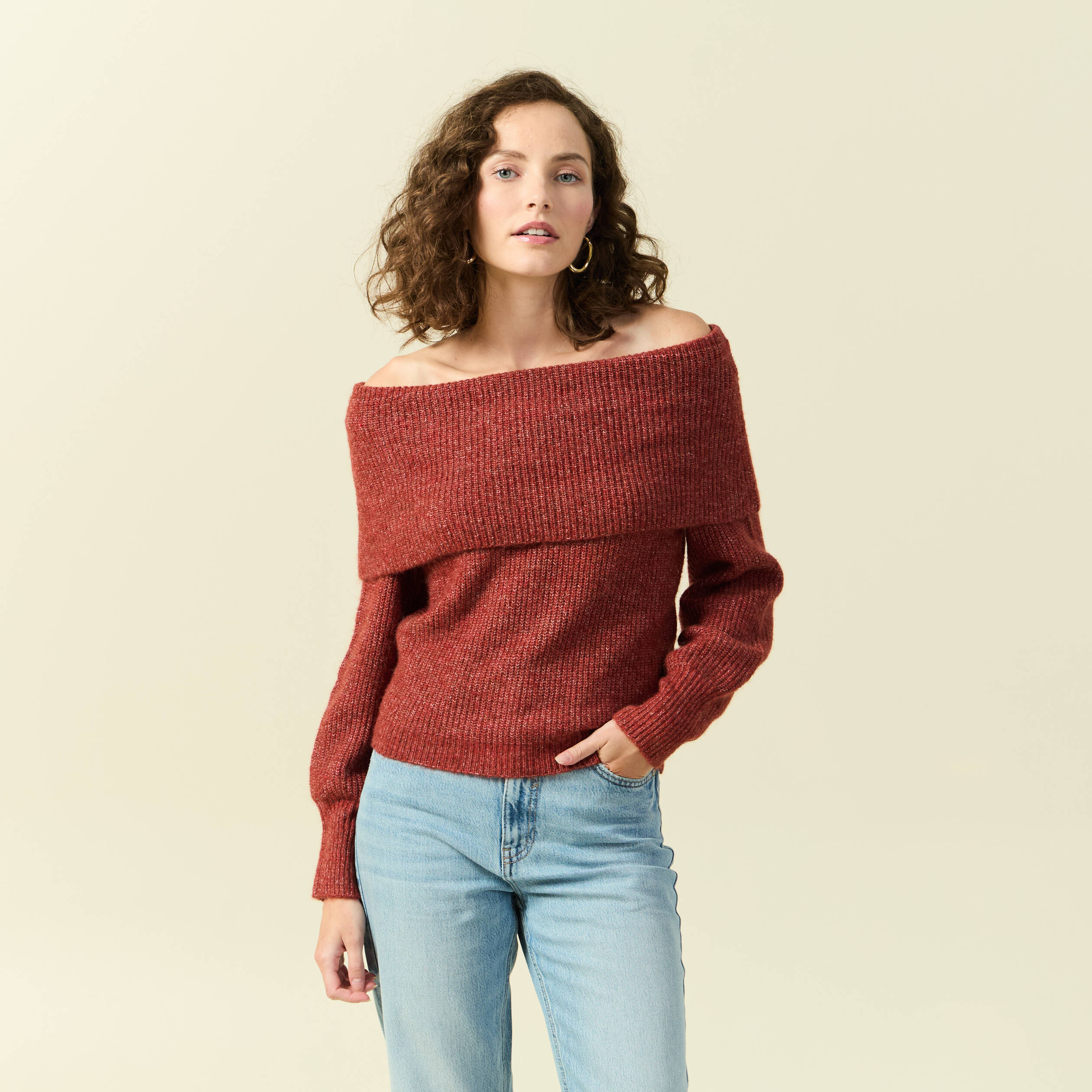 Pull manches longues col bardot vieux rose femme