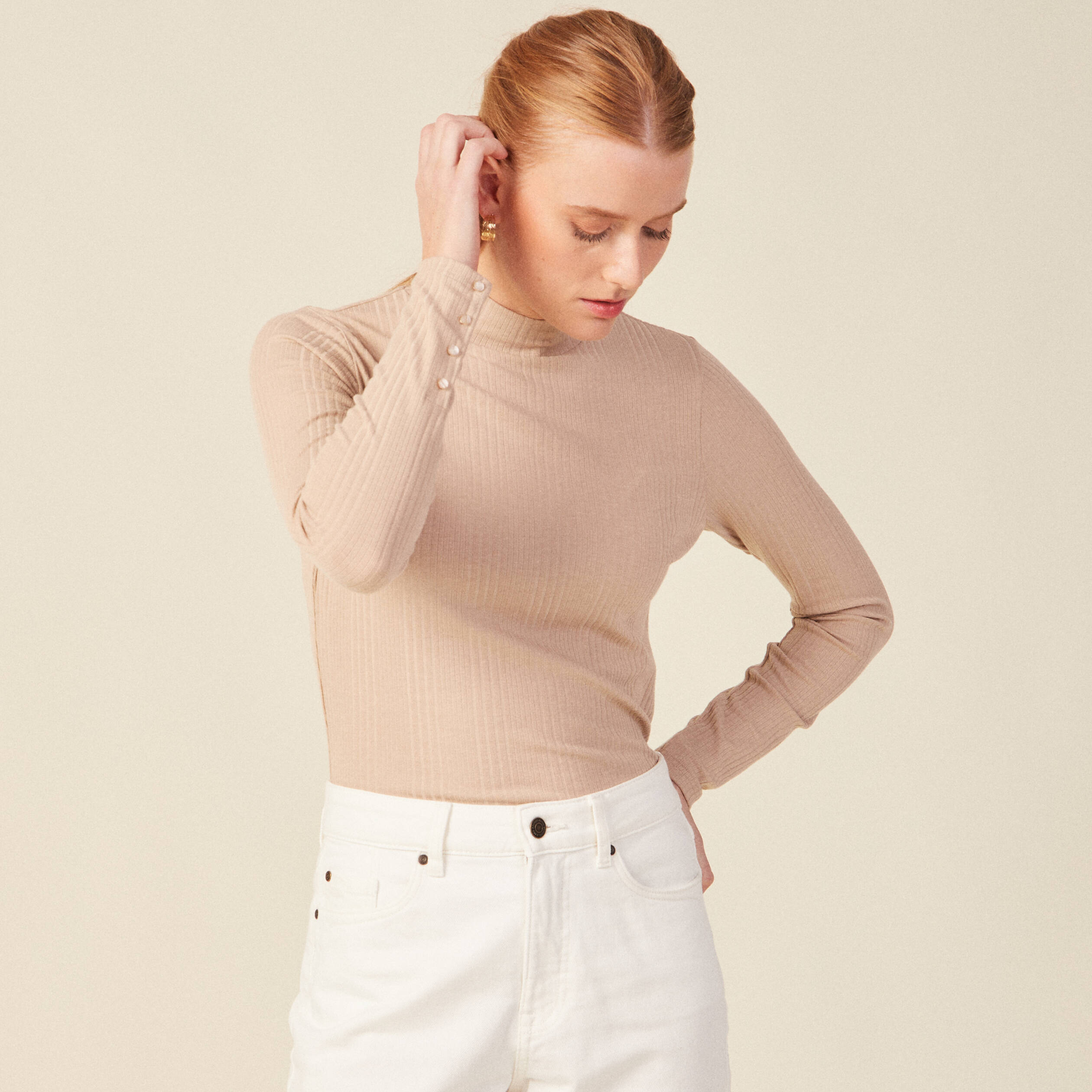 t shirt manches longues beige femme T-shirt manches longues beige femme