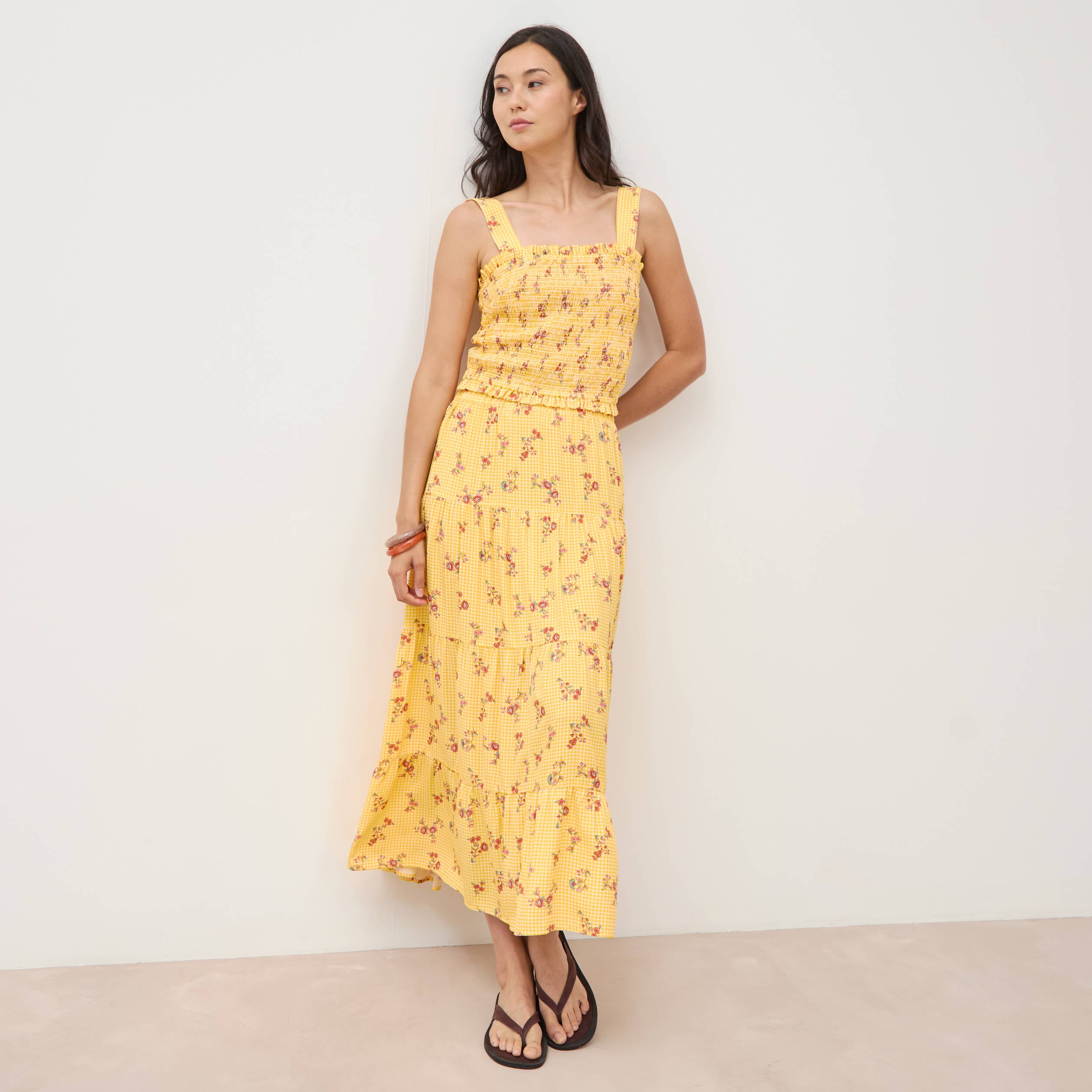 Jupe longue &eacute;vas&eacute;e fluide jaune femme
