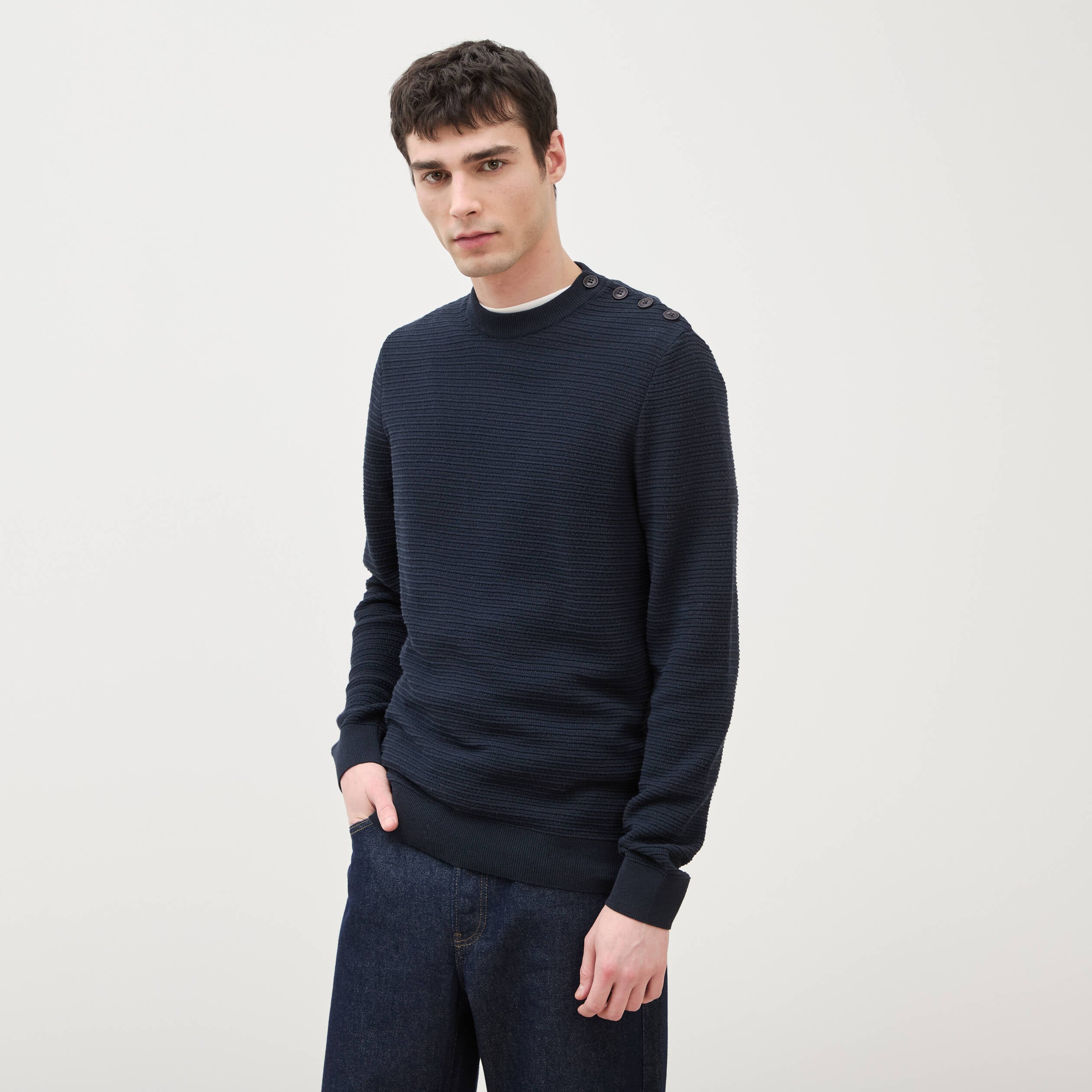 Pull col rond manches longues bleu marine homme