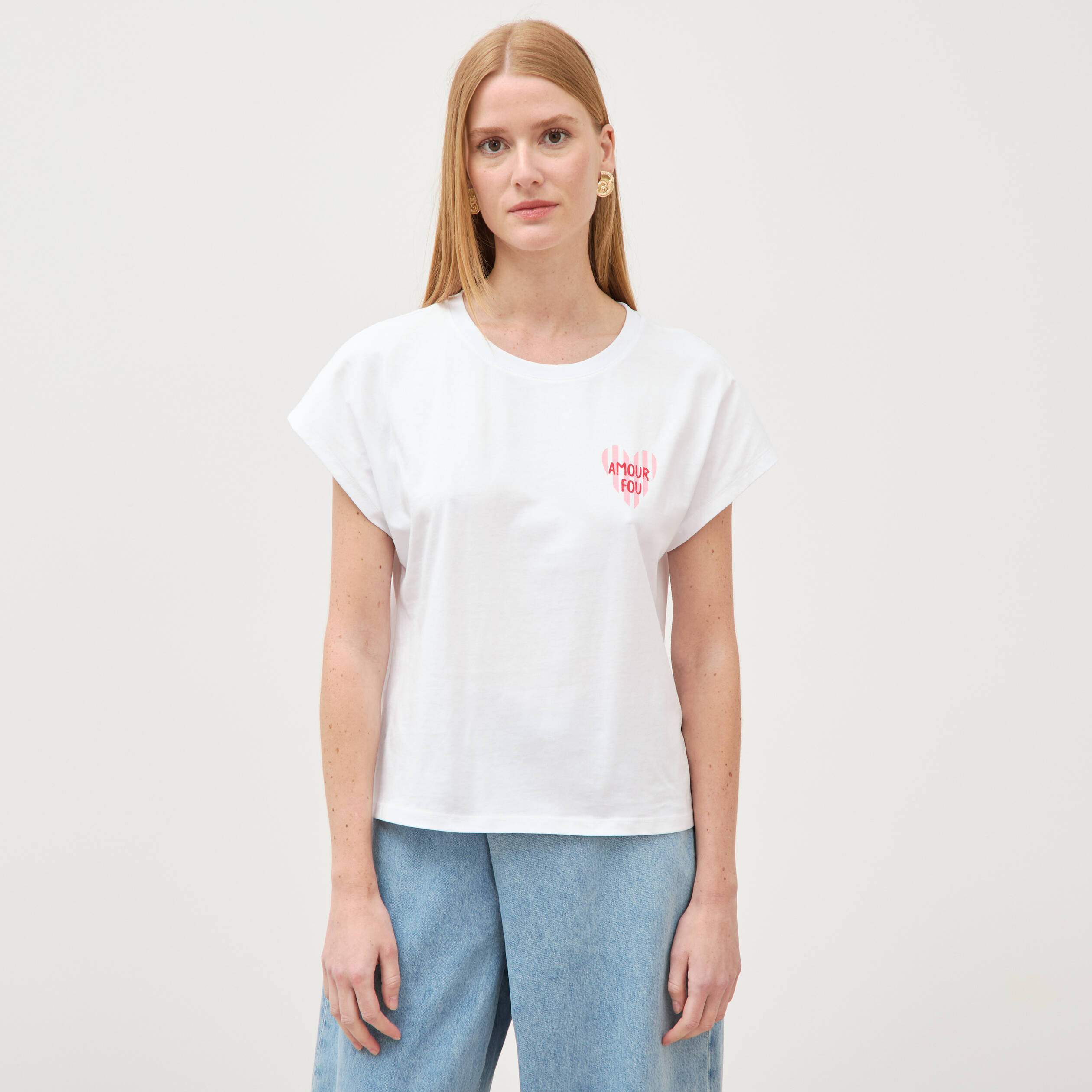 T-shirt droit col rond manches courtes blanc femme