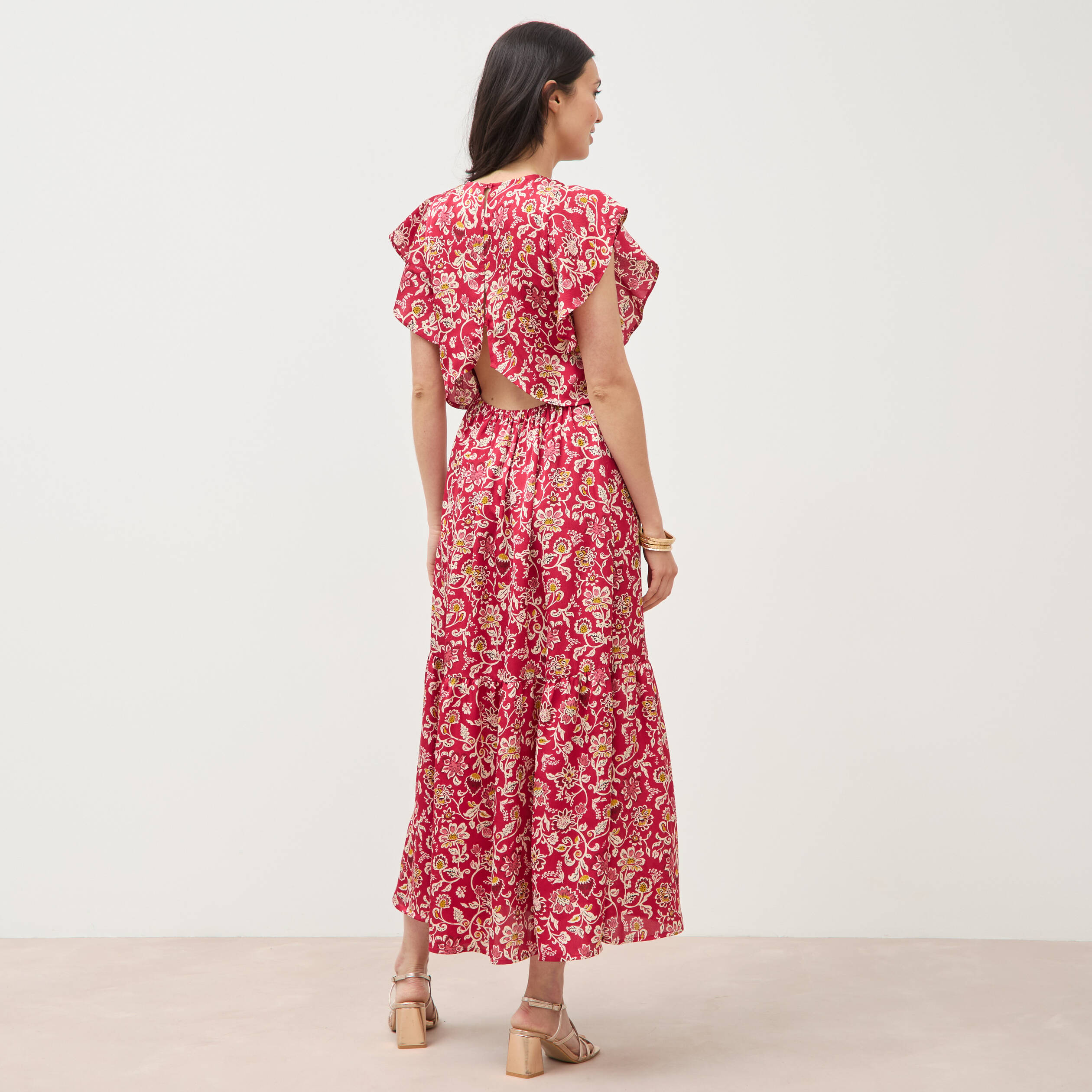 Robe fluide col v manches courtes rouge cerise femme