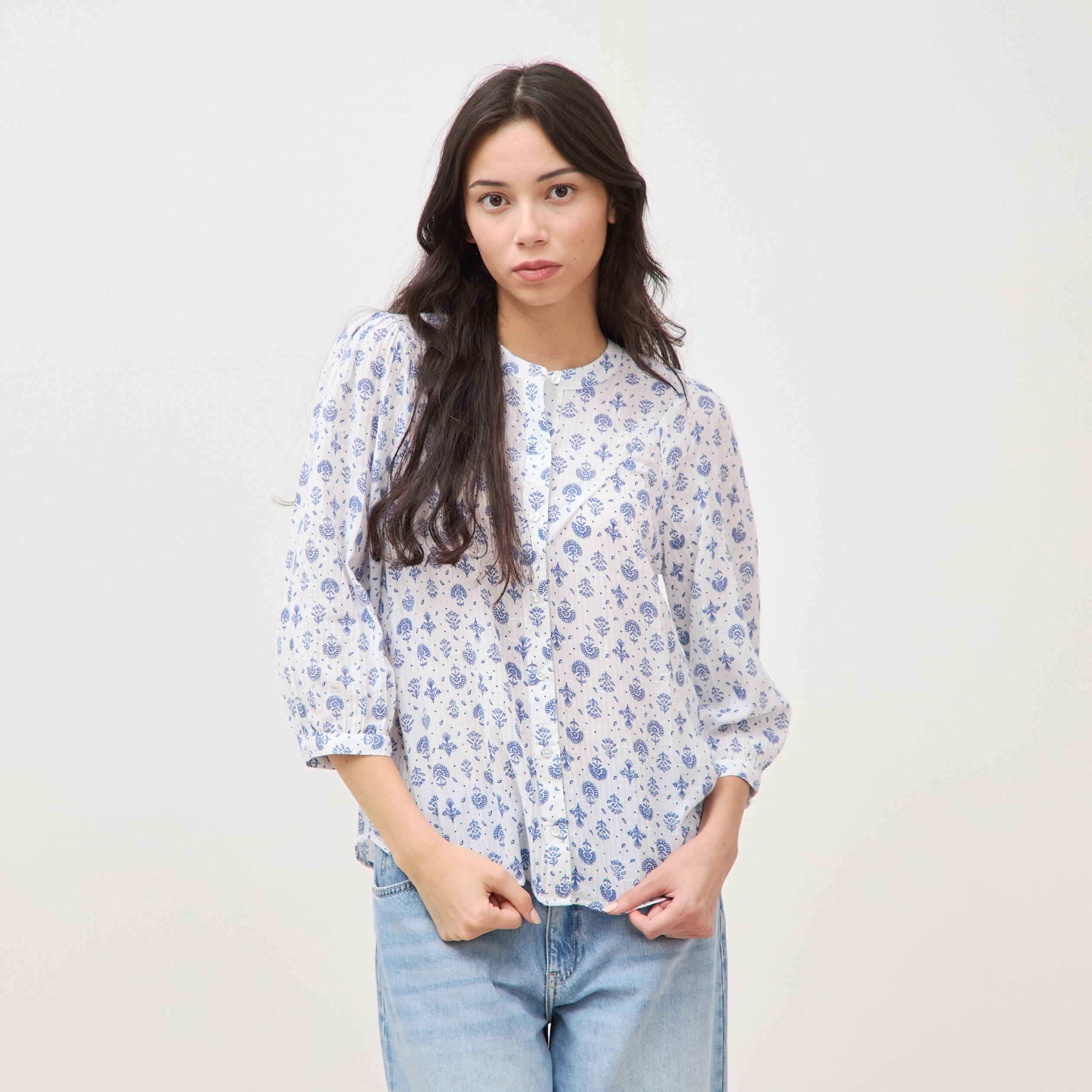 Chemise &agrave; manches longues bleu femme