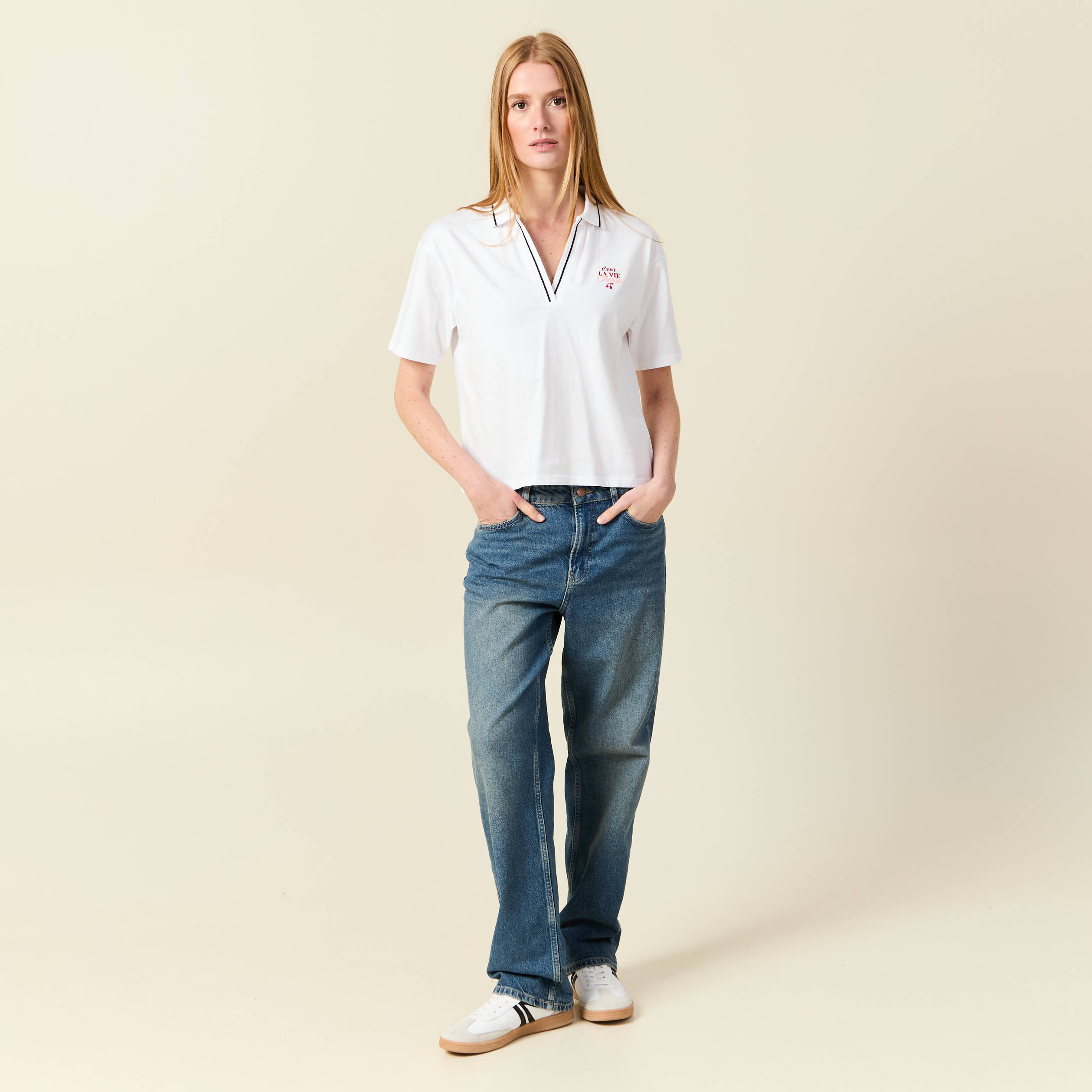 T-shirt polo droit court en coton blanc femme