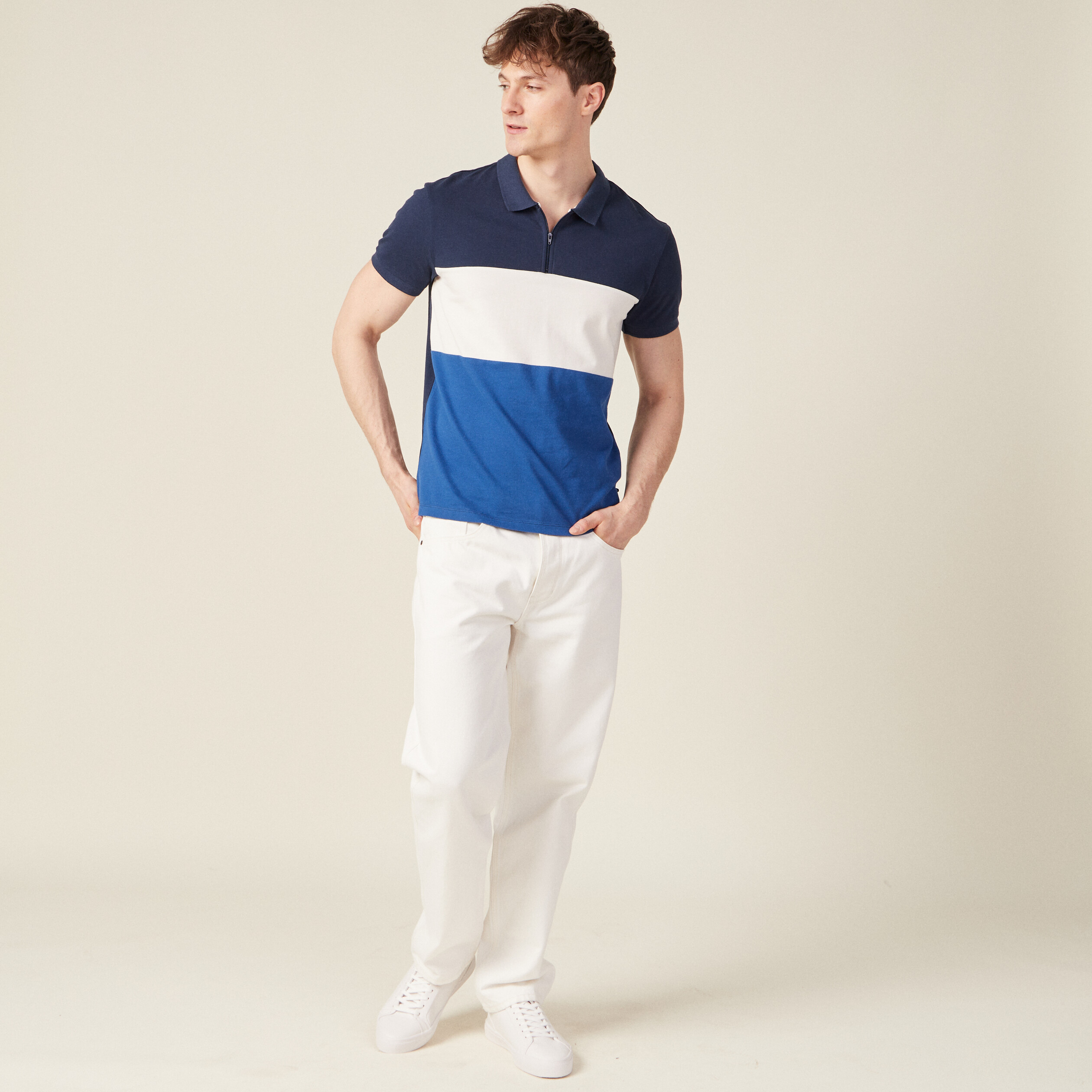 Polo manches courtes zippé bleu marine homme