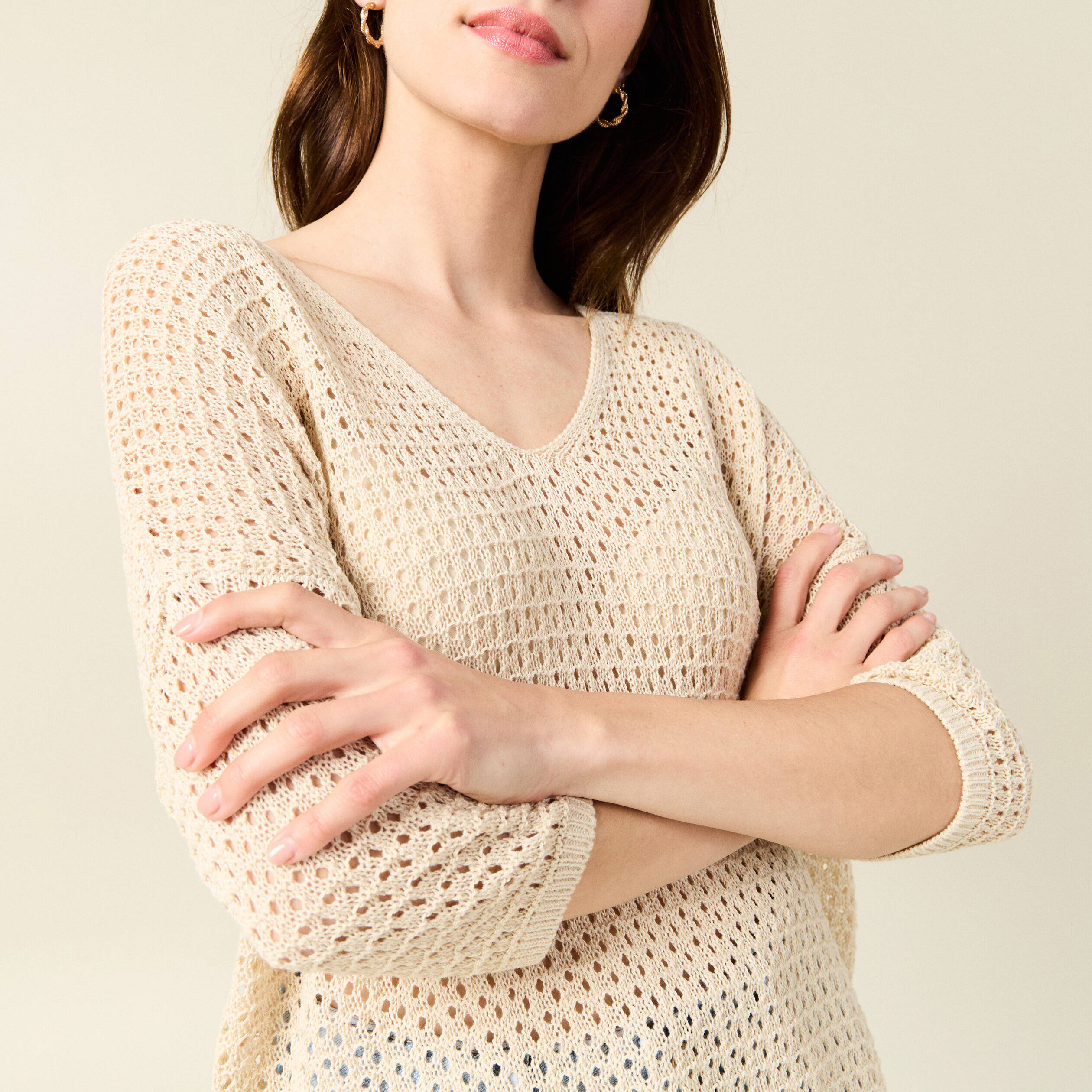 pull col en v eco responsable creme femme Pull col en V éco-responsable creme femme