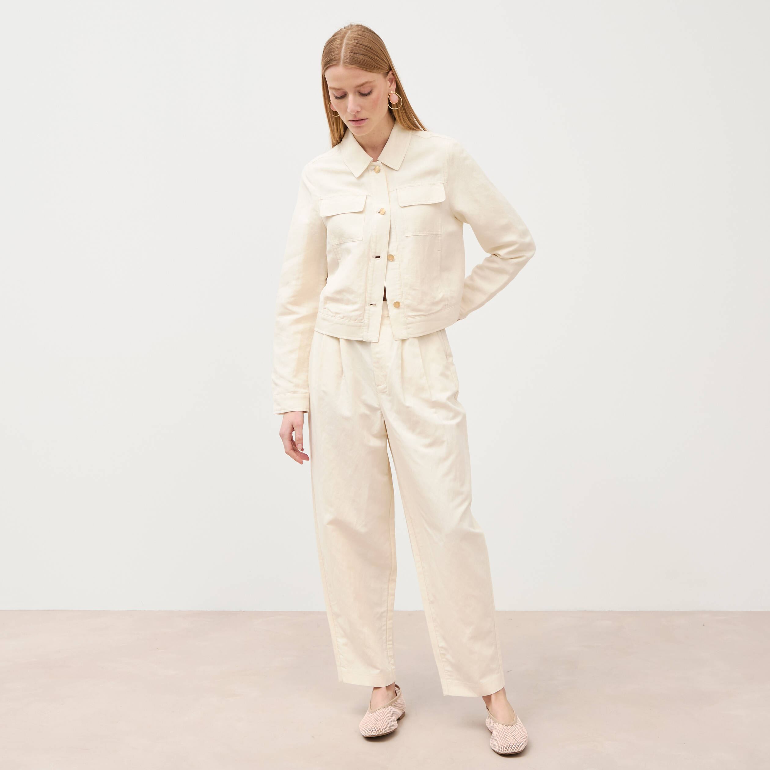Pantalon barrel coupe loose taille haute ecru femme