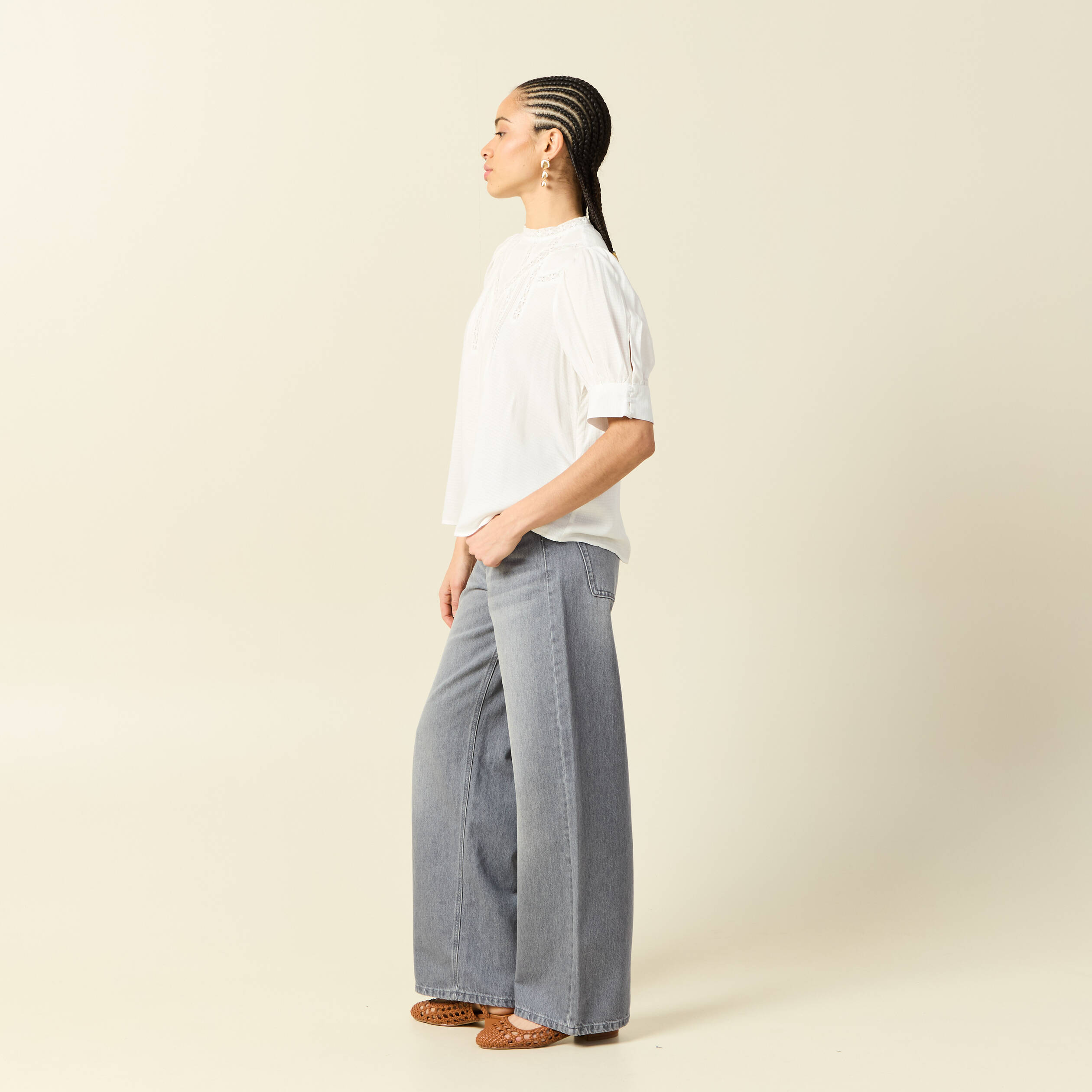 Blouse manches courtes col rond ecru femme