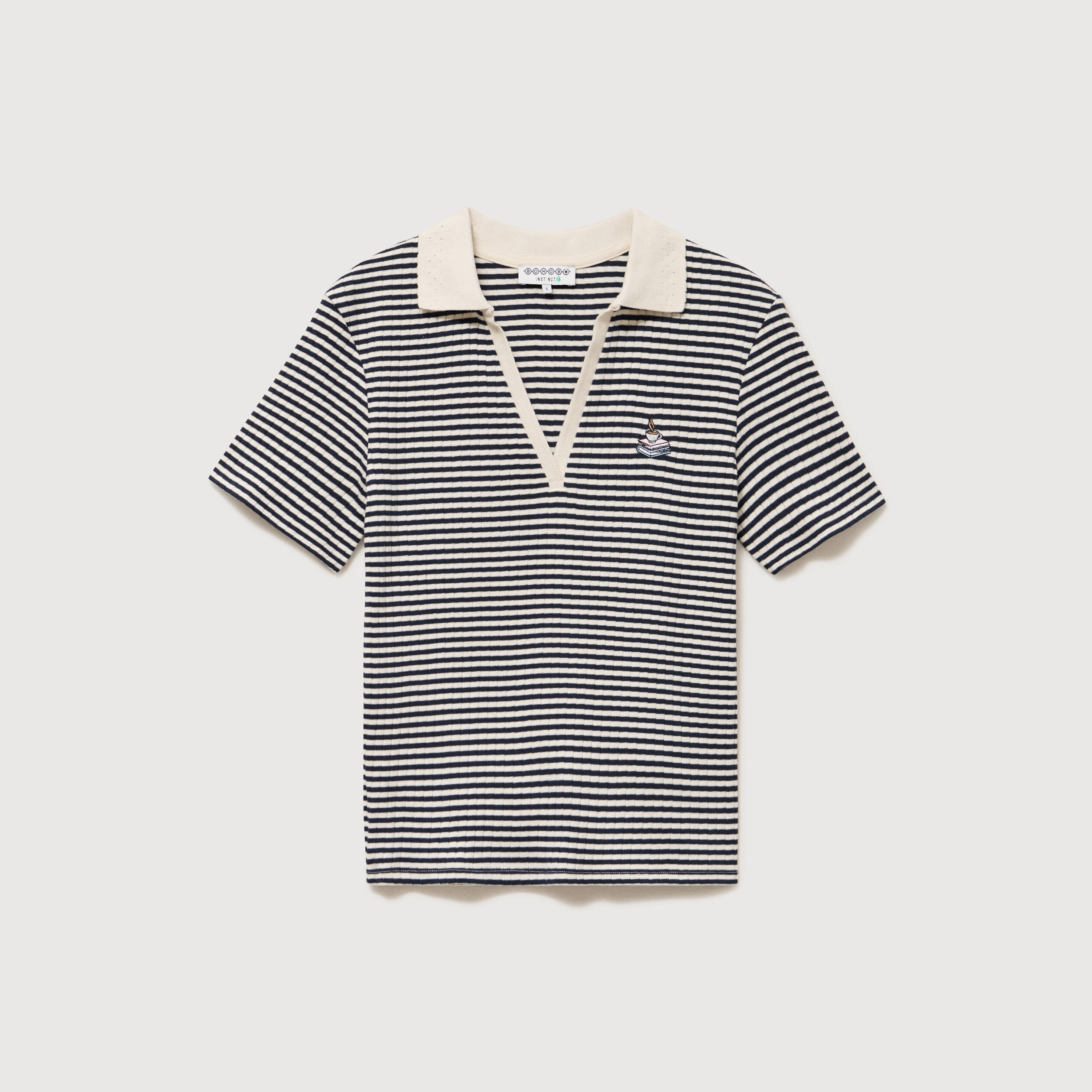 Polo ray&eacute; en coton manches courtes ecru femme