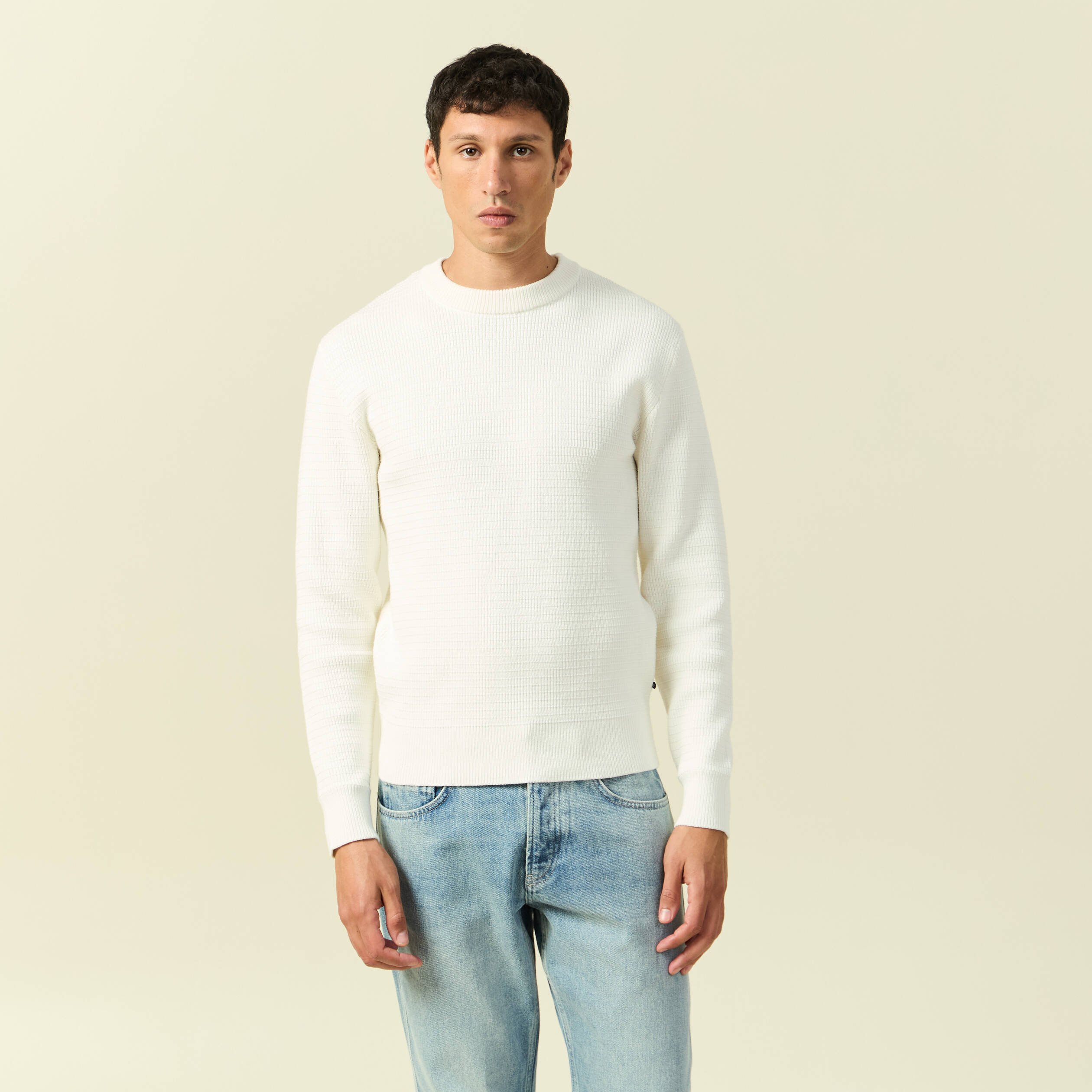 Pull col rond manches longues ecru homme