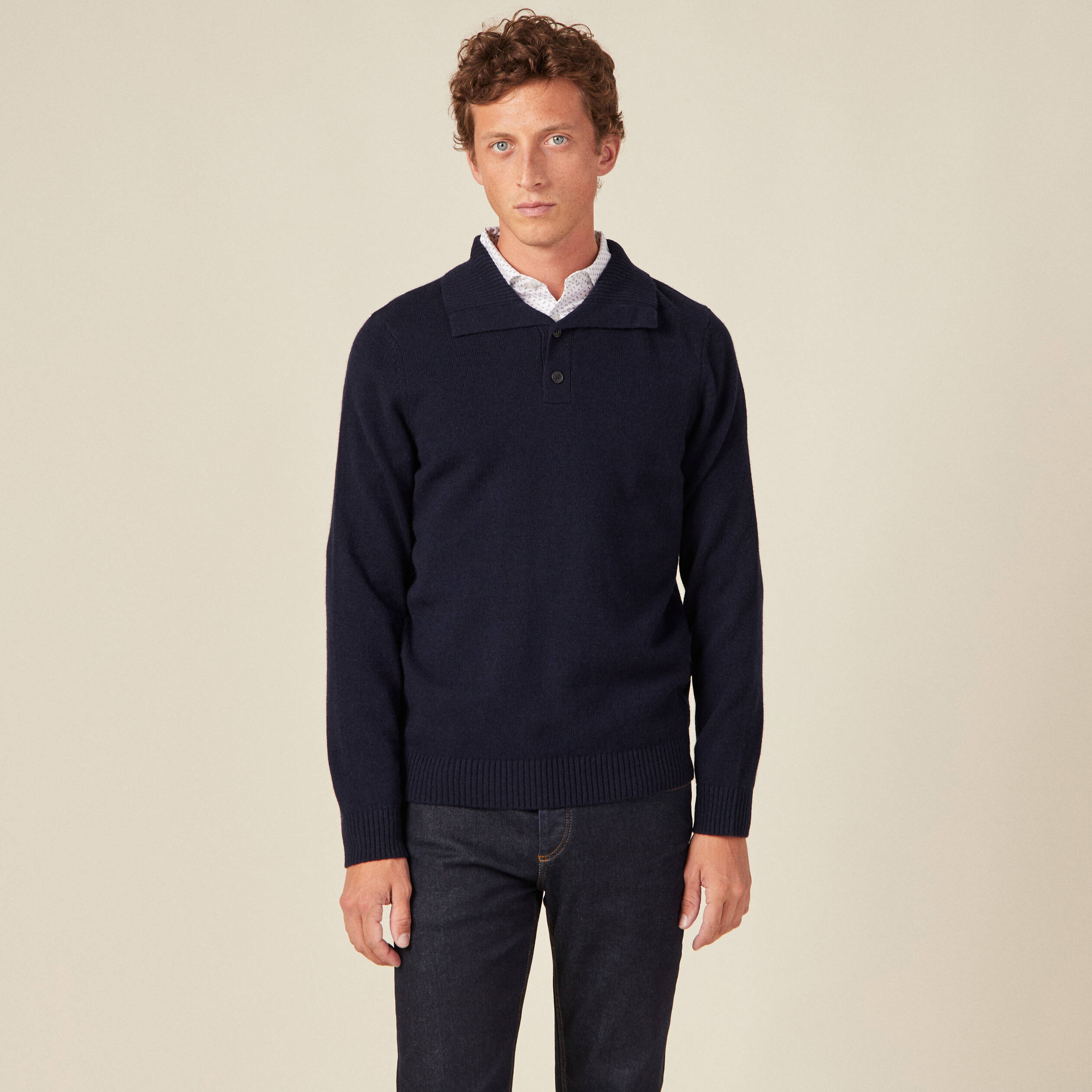 Pull manches longues col polo bleu marine homme