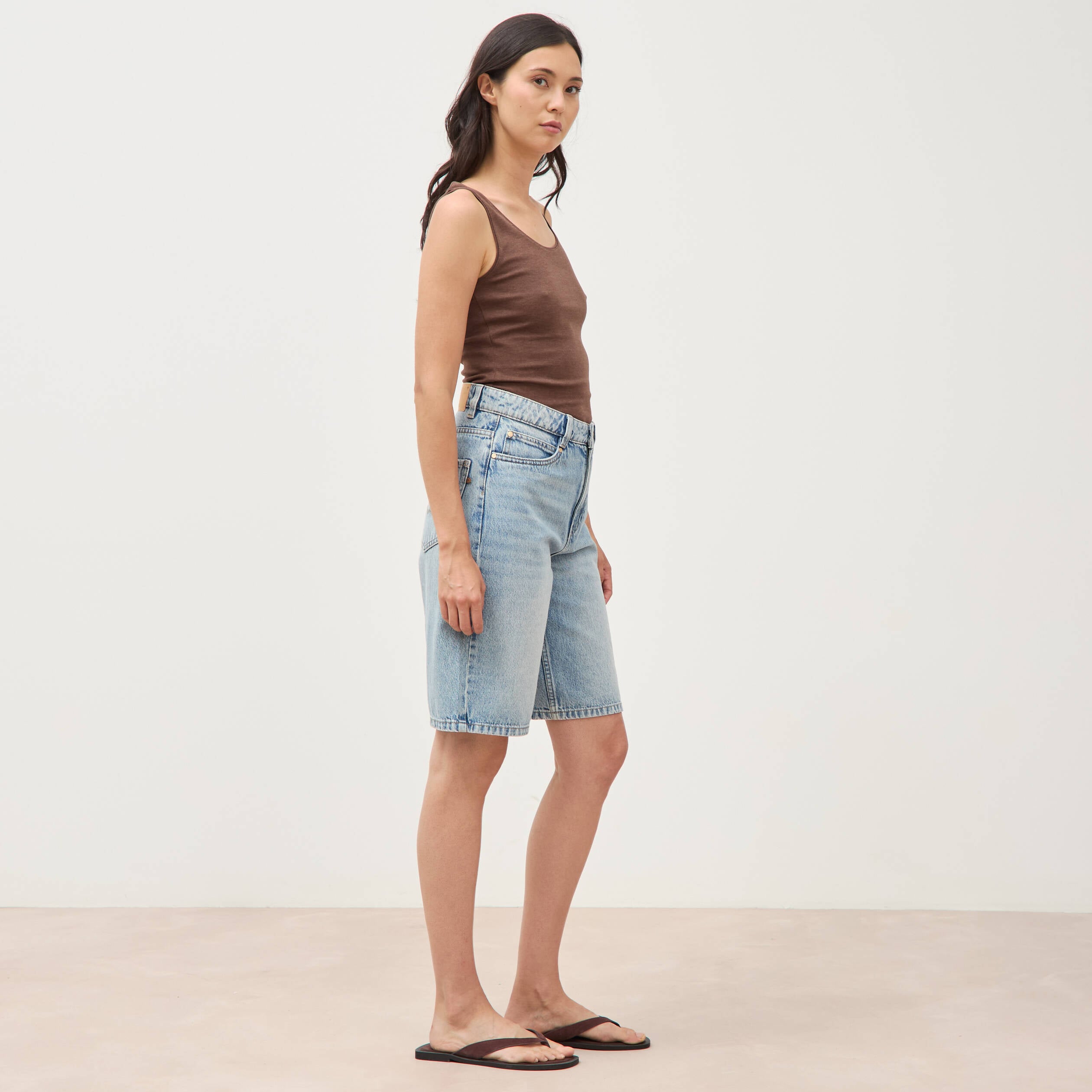 Bermuda large taille haute en coton denim used femme