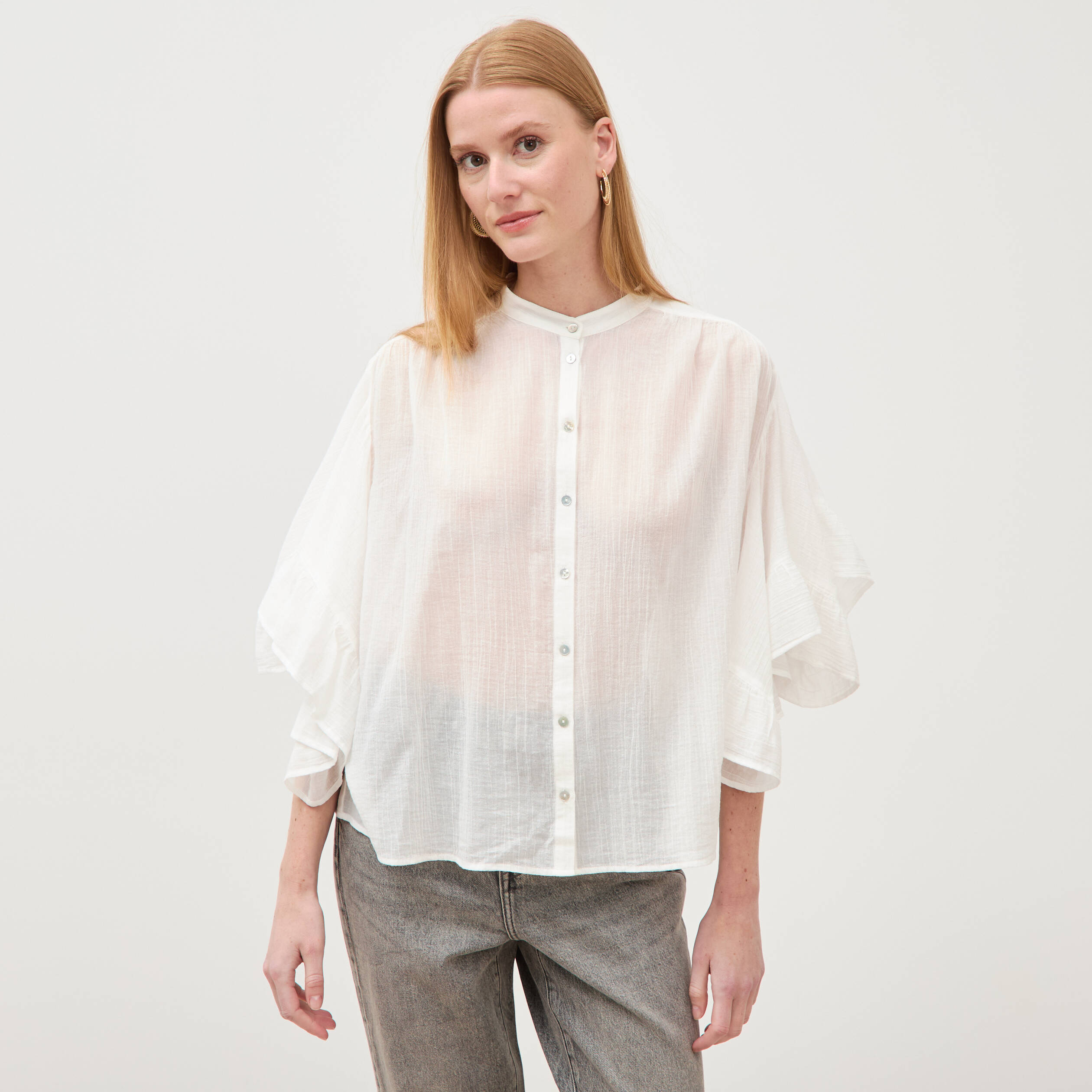 Blouse boyfriend manches coude en coton ecru femme