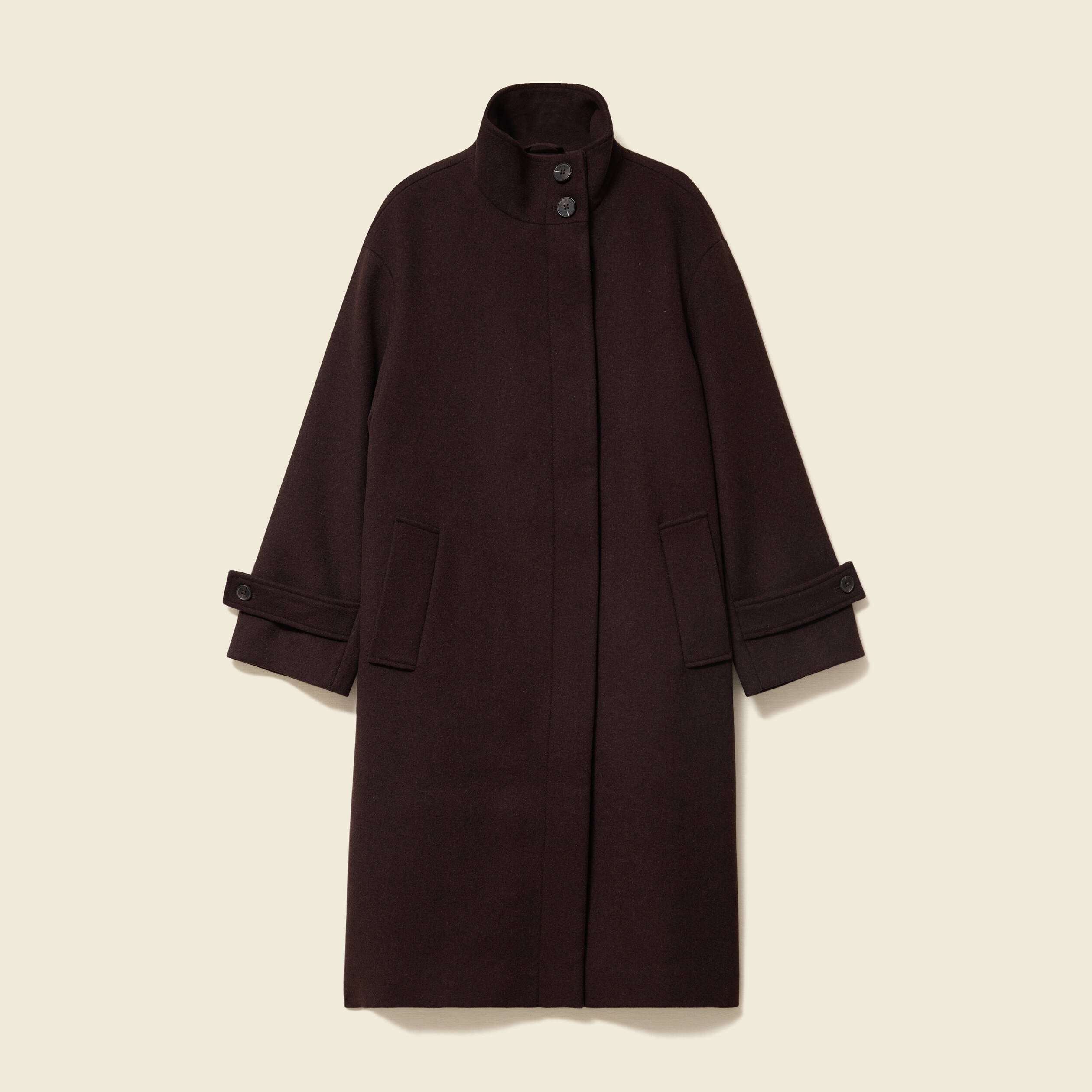 Manteau droit long col montant marron fonc&eacute; femme