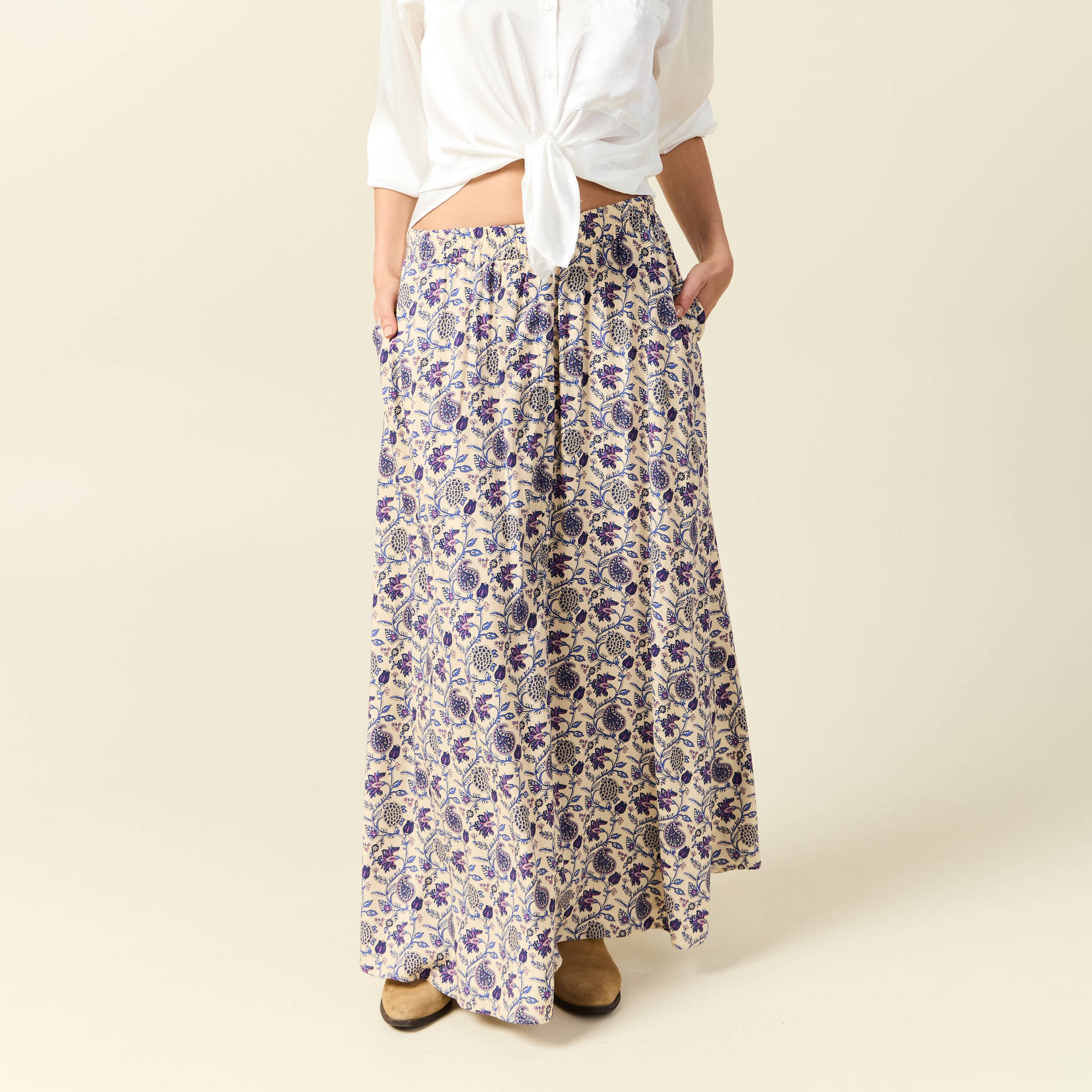 jupe longue evasee taille standard bleu femme Jupe longue évasée taille standard bleu femme