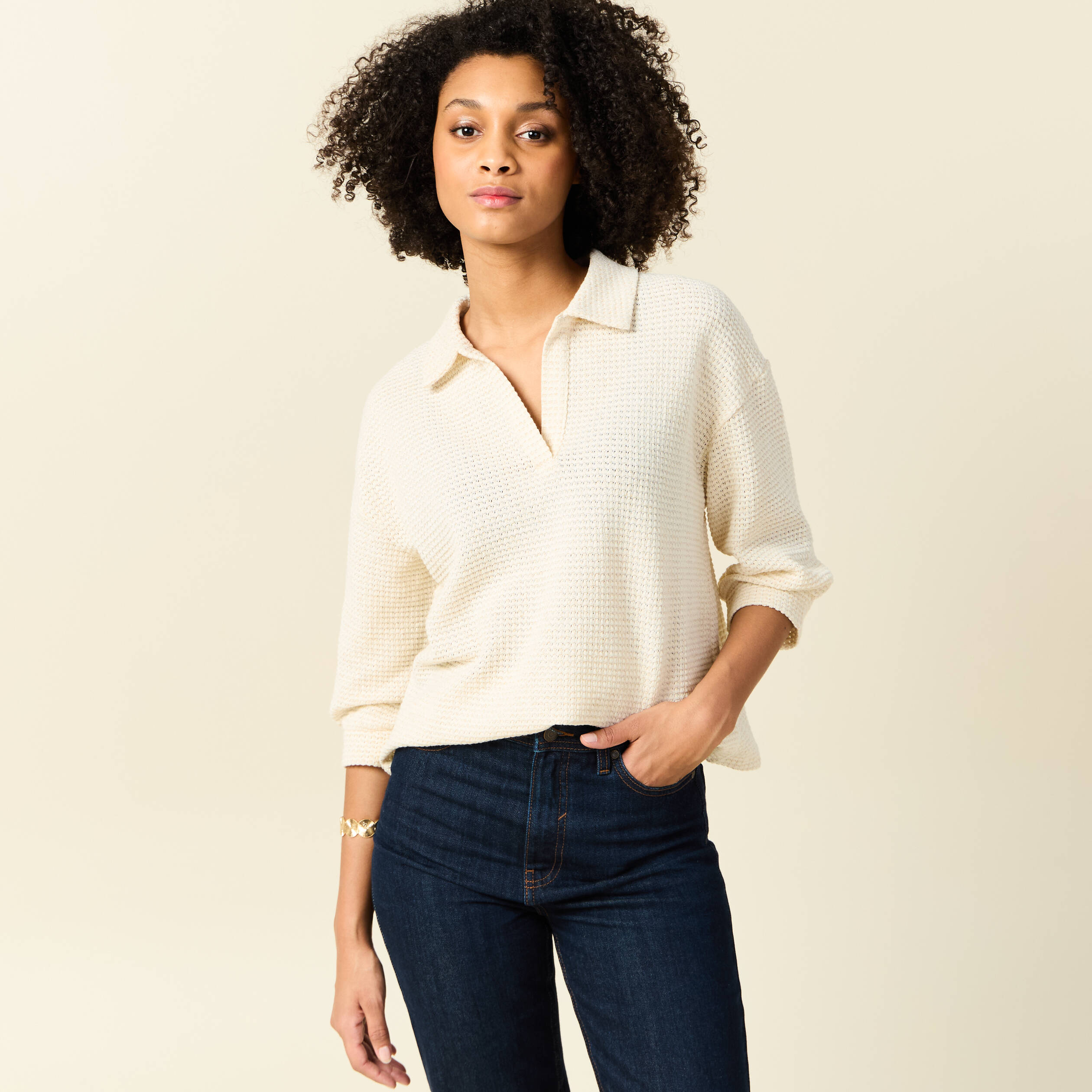 Polo manches 3/4 brillant ecru femme