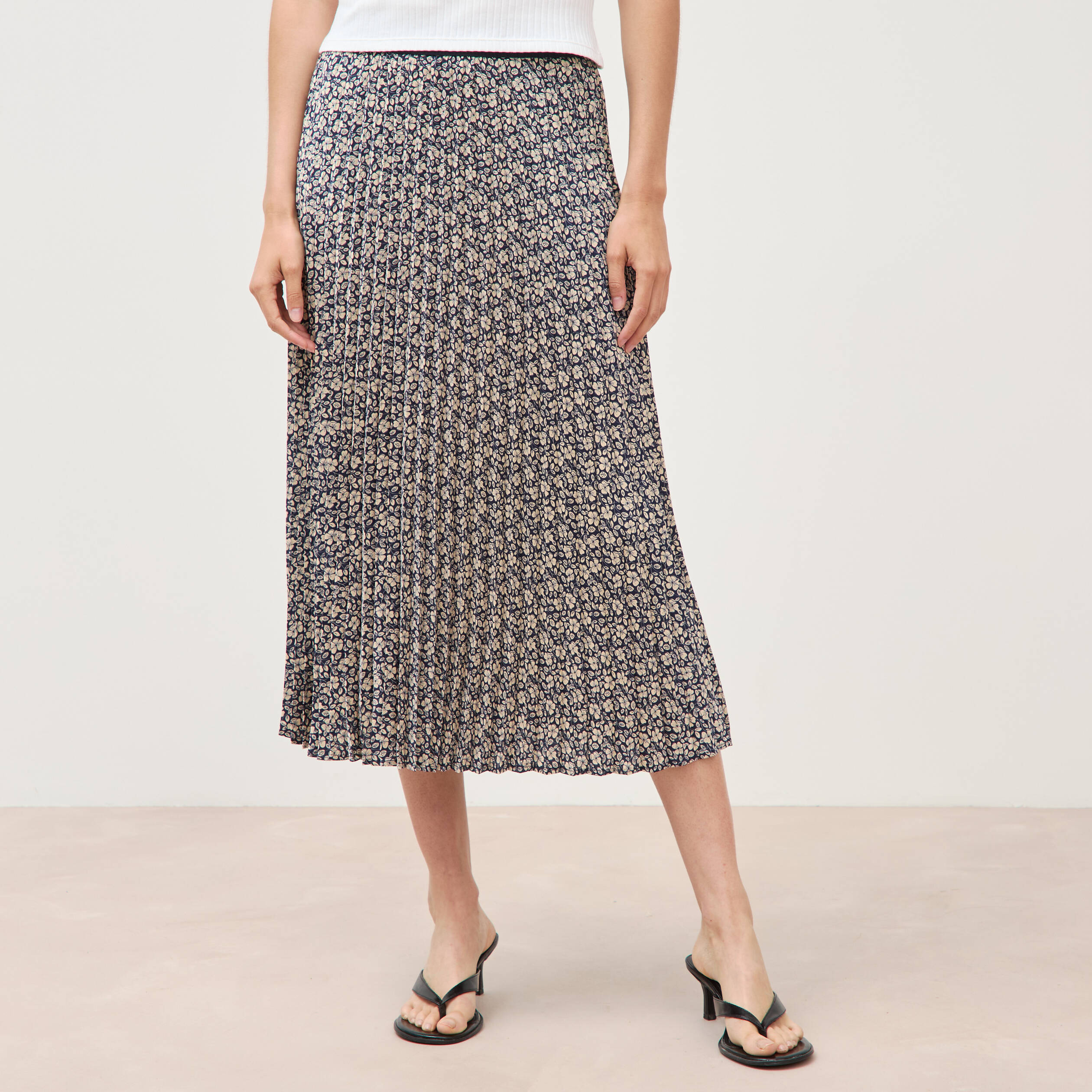 Jupe longue droite pliss&eacute;e bleu marine femme