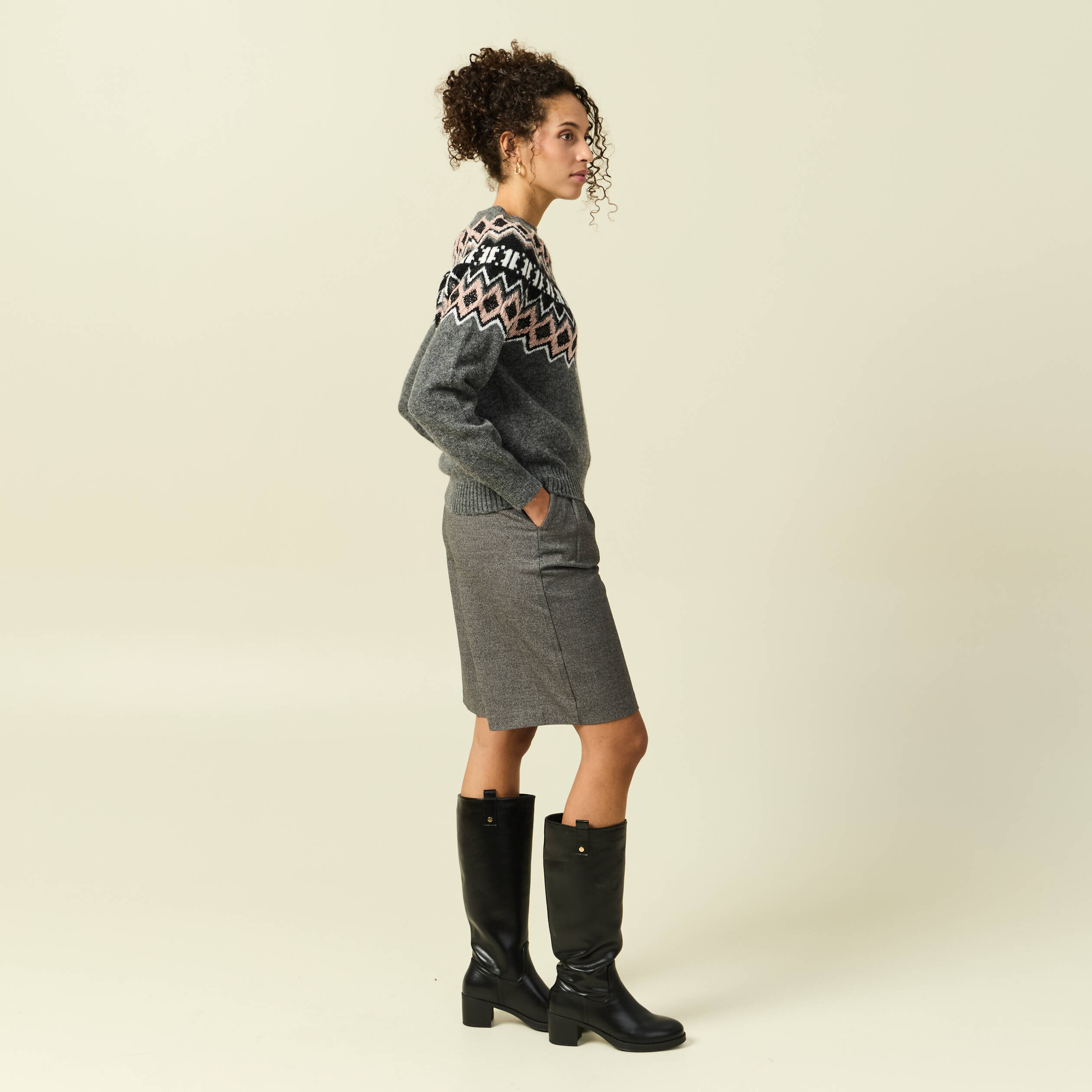 Pull col rond manches longues gris clair femme