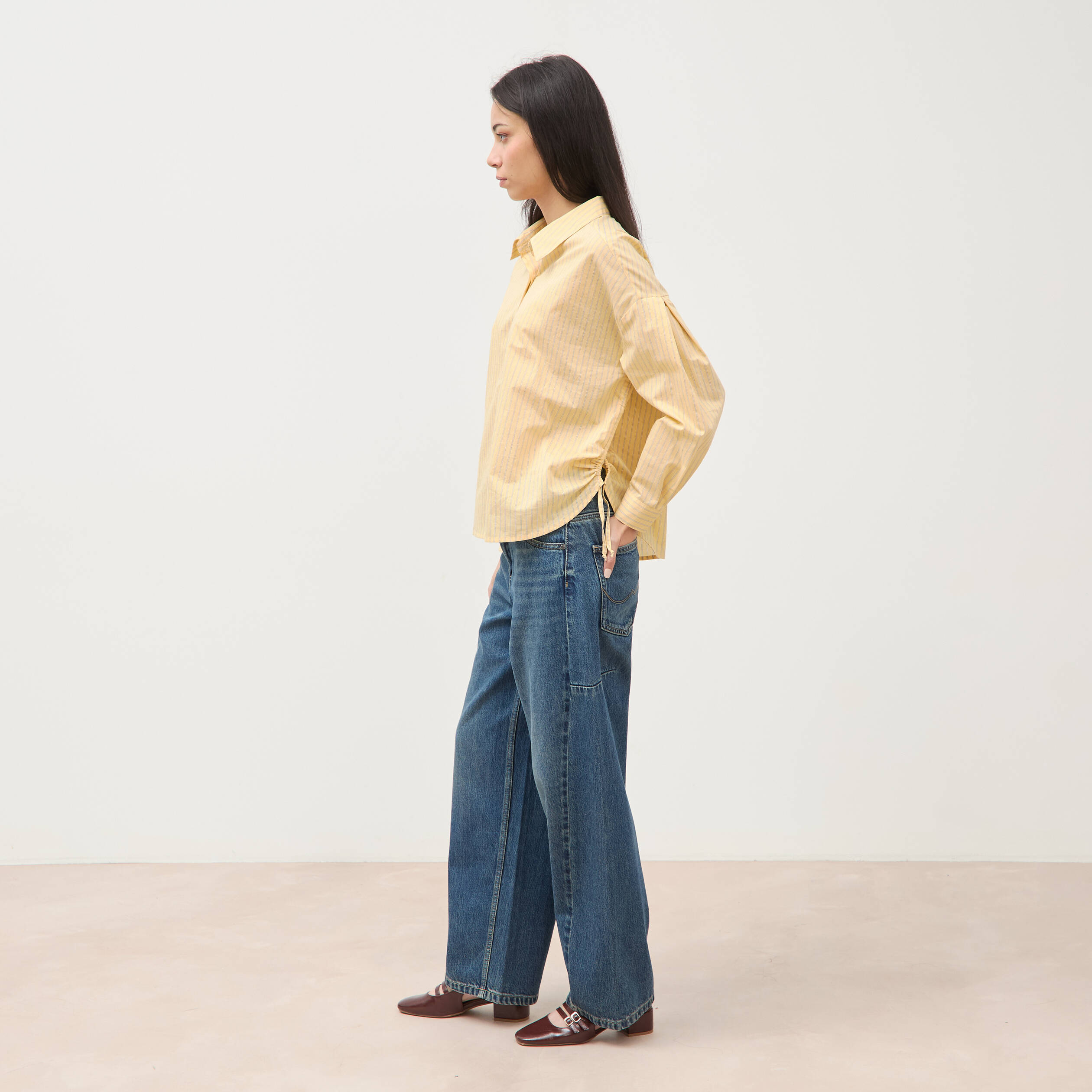 Chemise ample manches longues jaune citron femme
