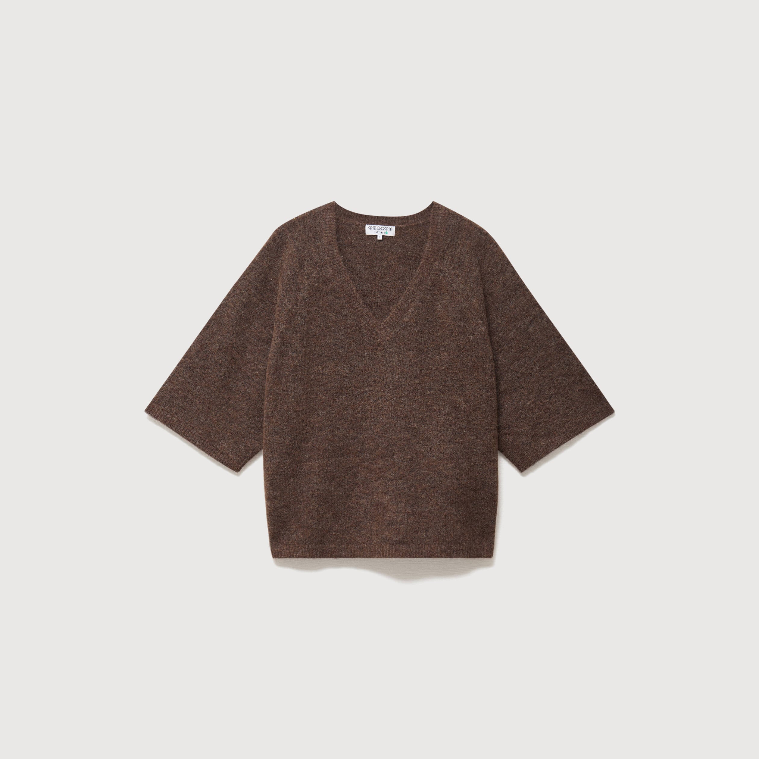 Pull droit col rond manches courtes marron femme