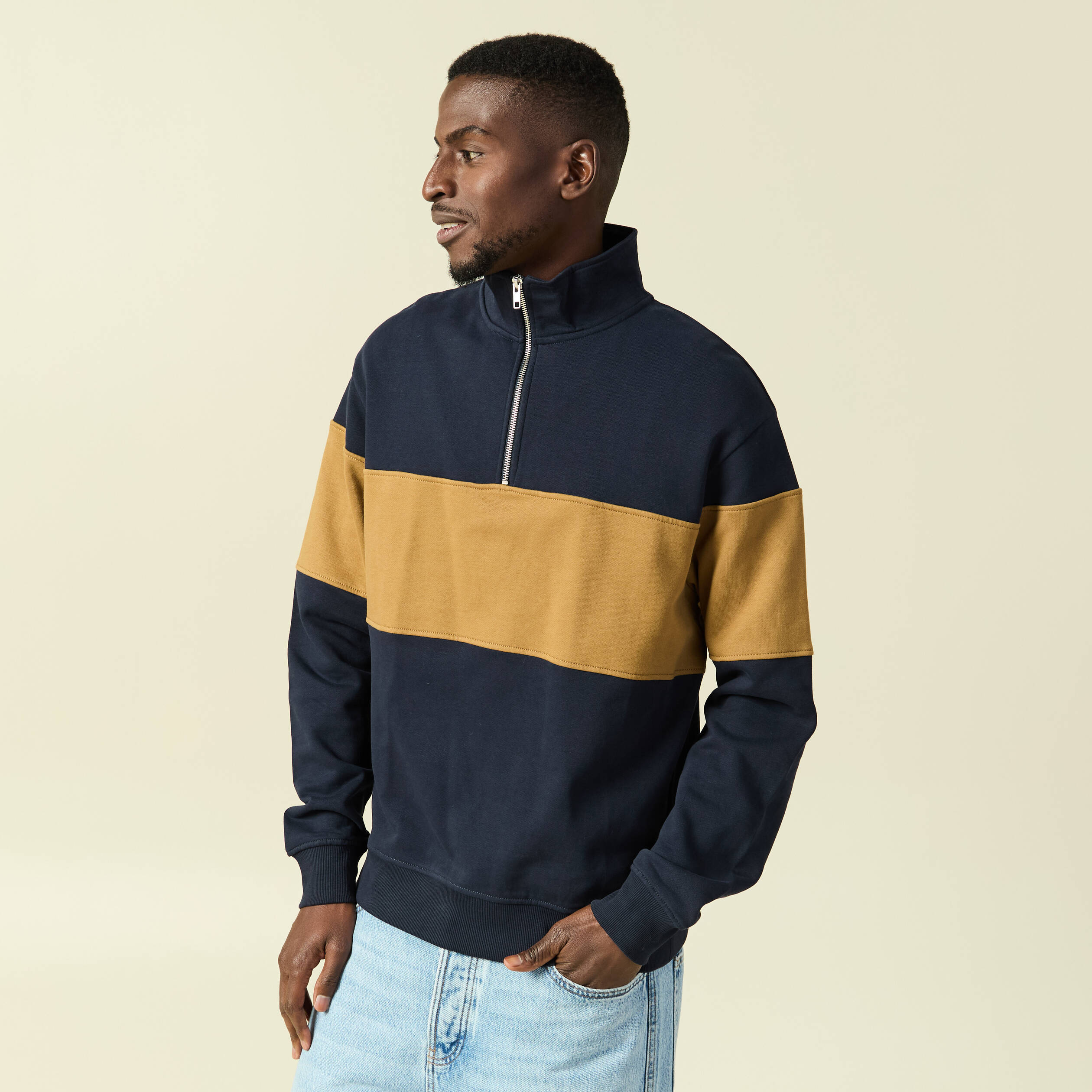 Sweat col montant manches longues bleu marine homme