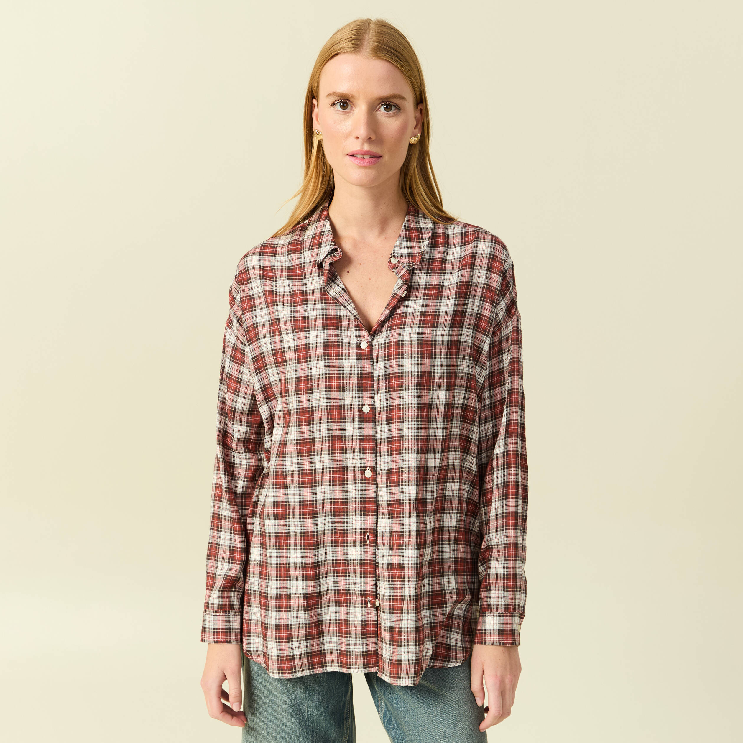 Chemise manches longues col v fluide bordeaux femme