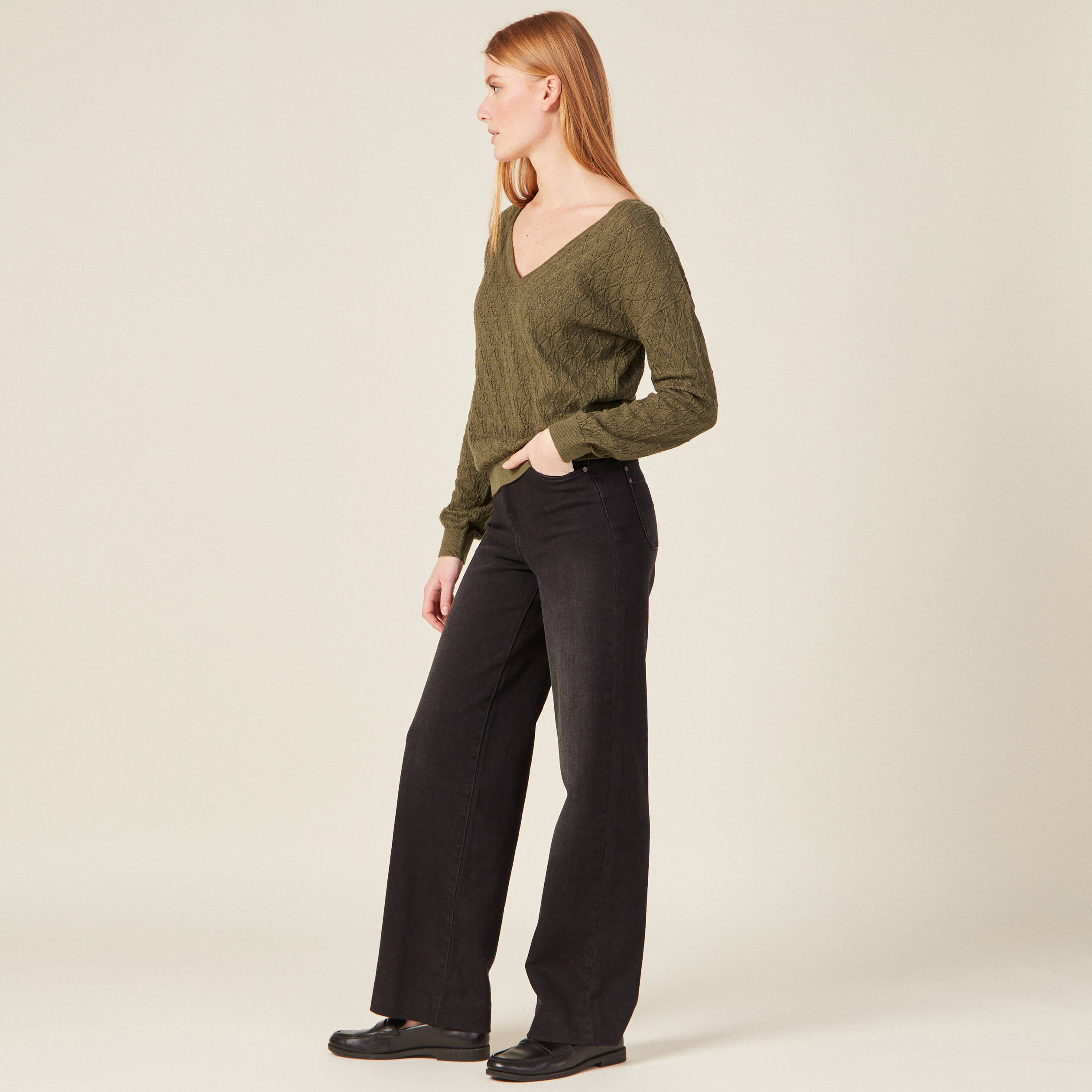 Pull fin à manches longues vert kaki femme