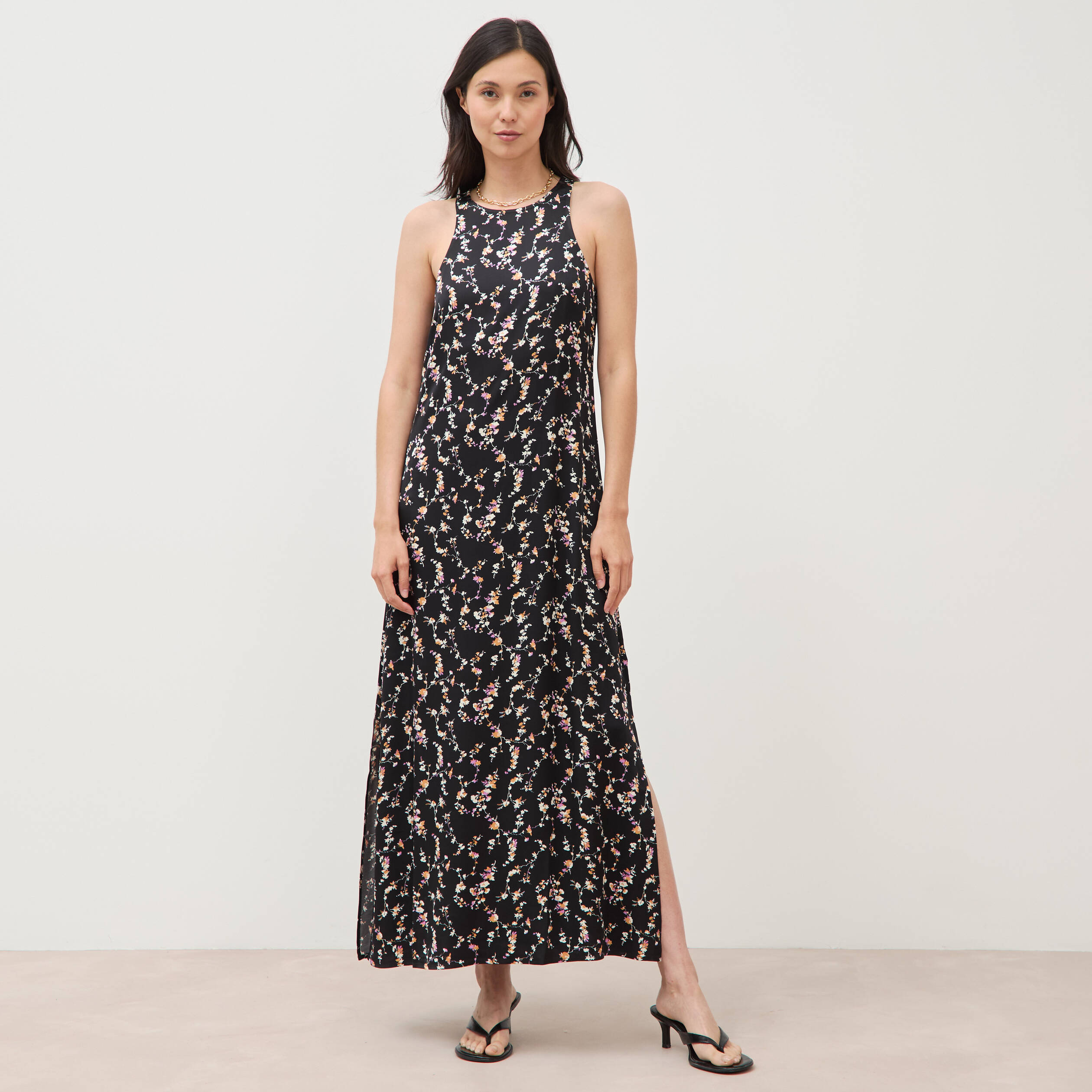 Robe longue droite sans manches noir femme