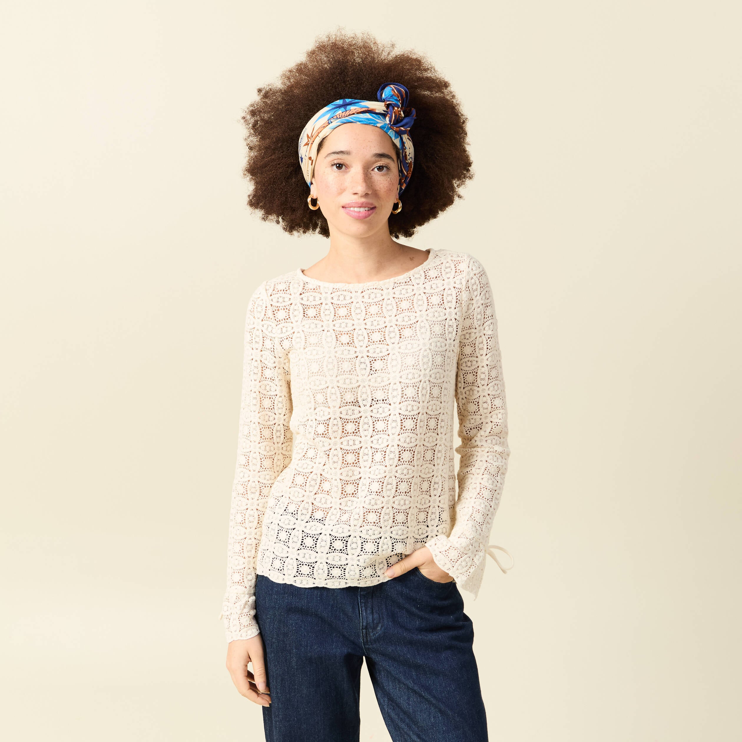T-shirt manches longues en dentelle ecru femme