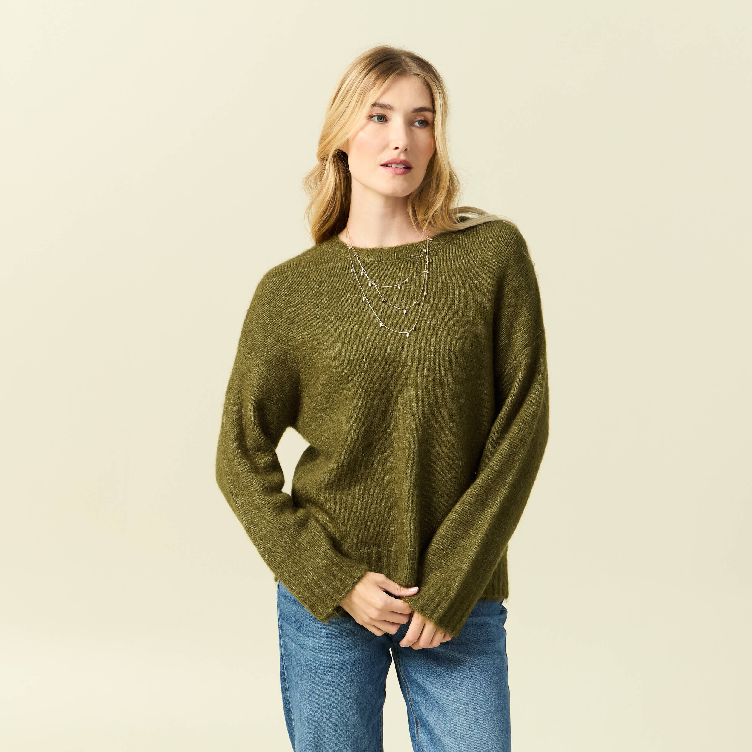 Pull col rond manches longues vert kaki femme