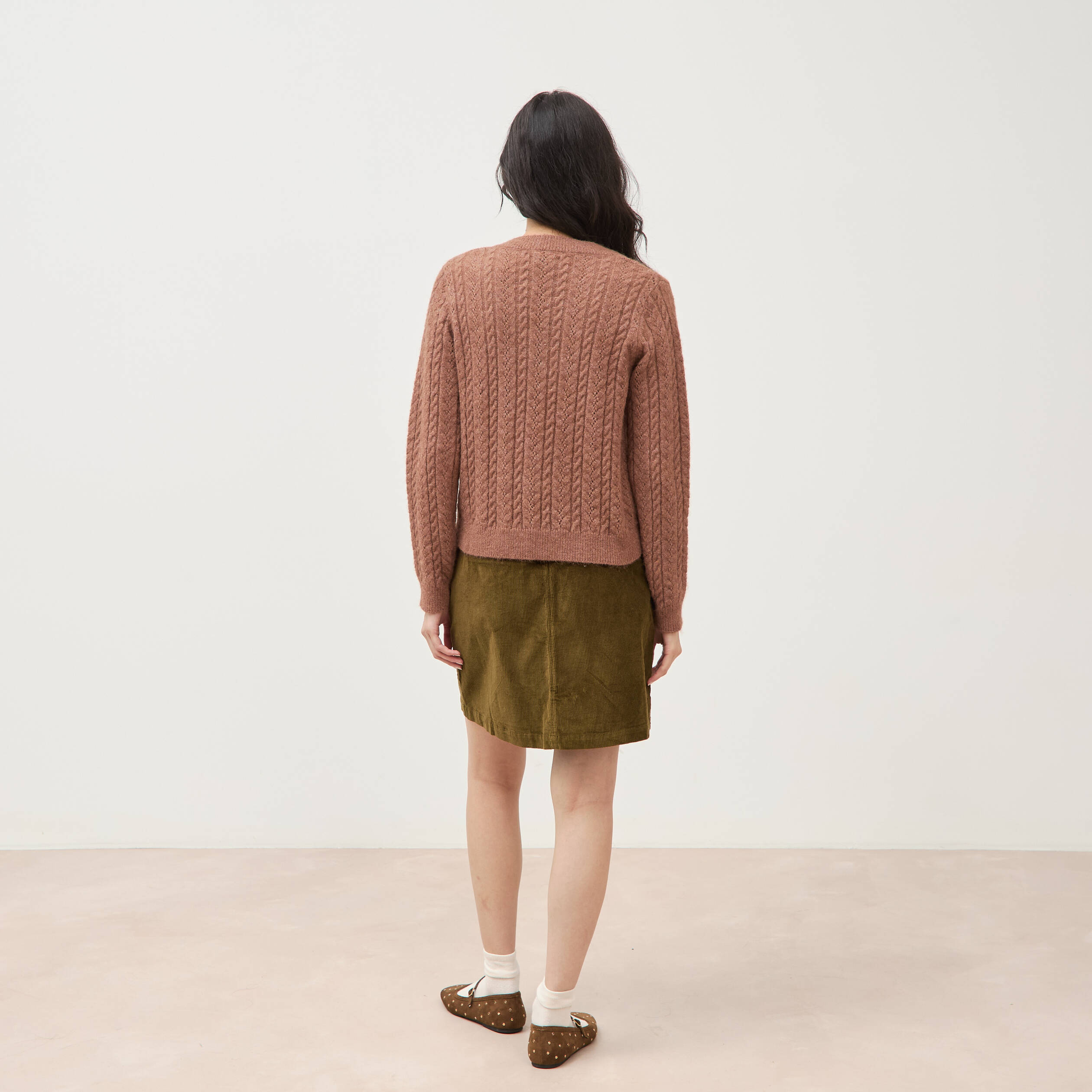 Pull droit col v manches longues marron clair femme