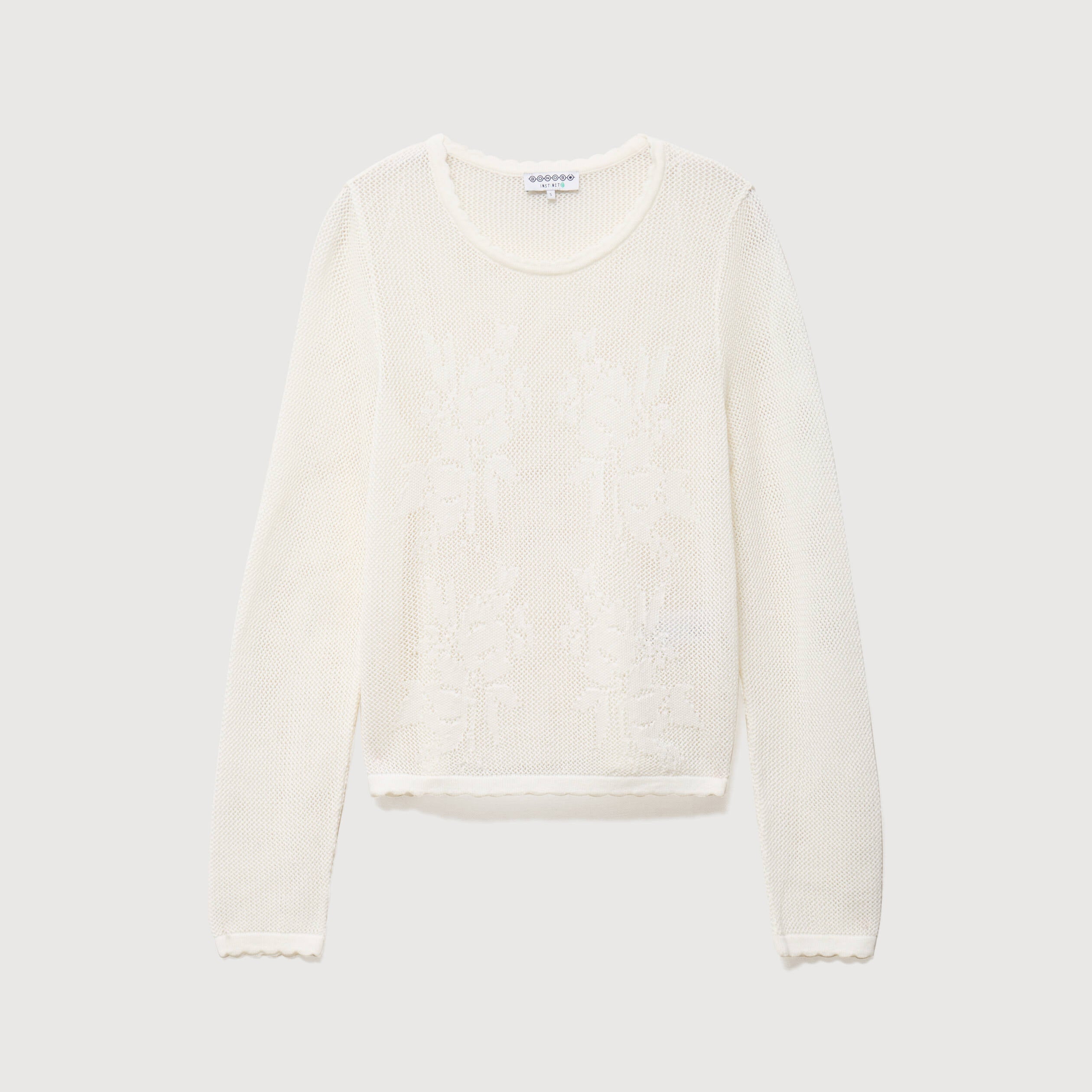 Pull ajour&eacute; col rond manches longues ecru femme