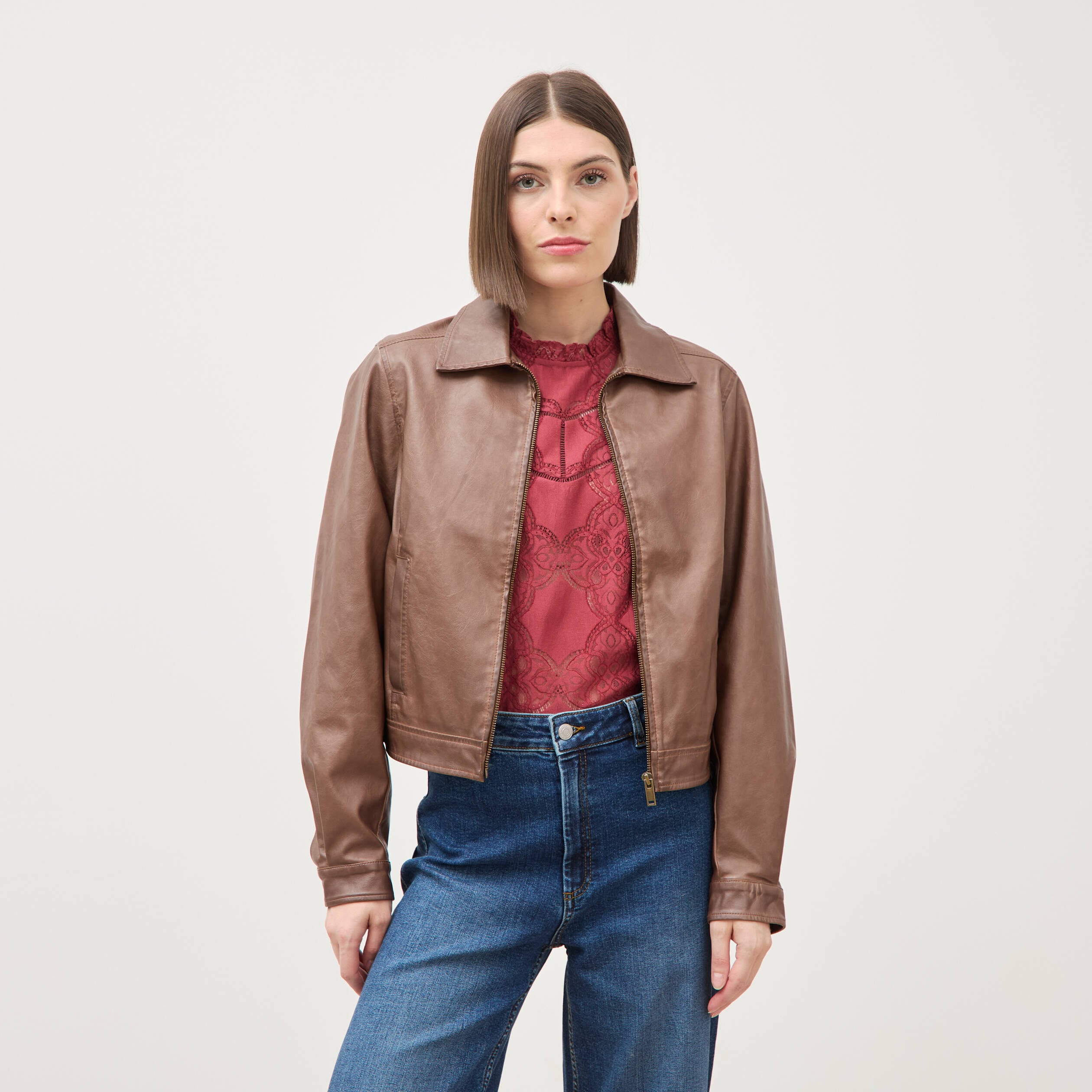 Blouson manches longues similicuir marron femme